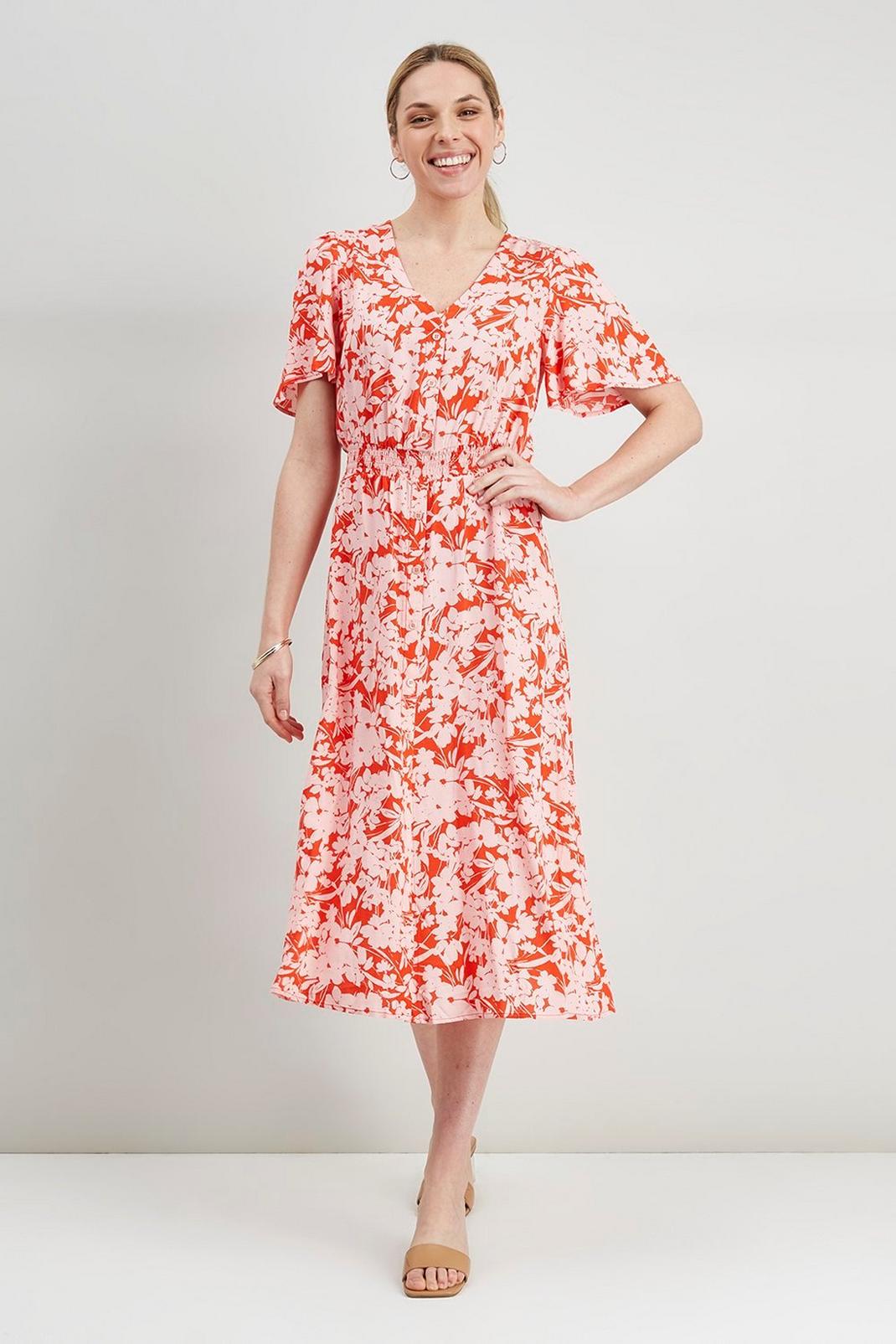 Red Floral Shirred Button Through Midi Dress image number 1