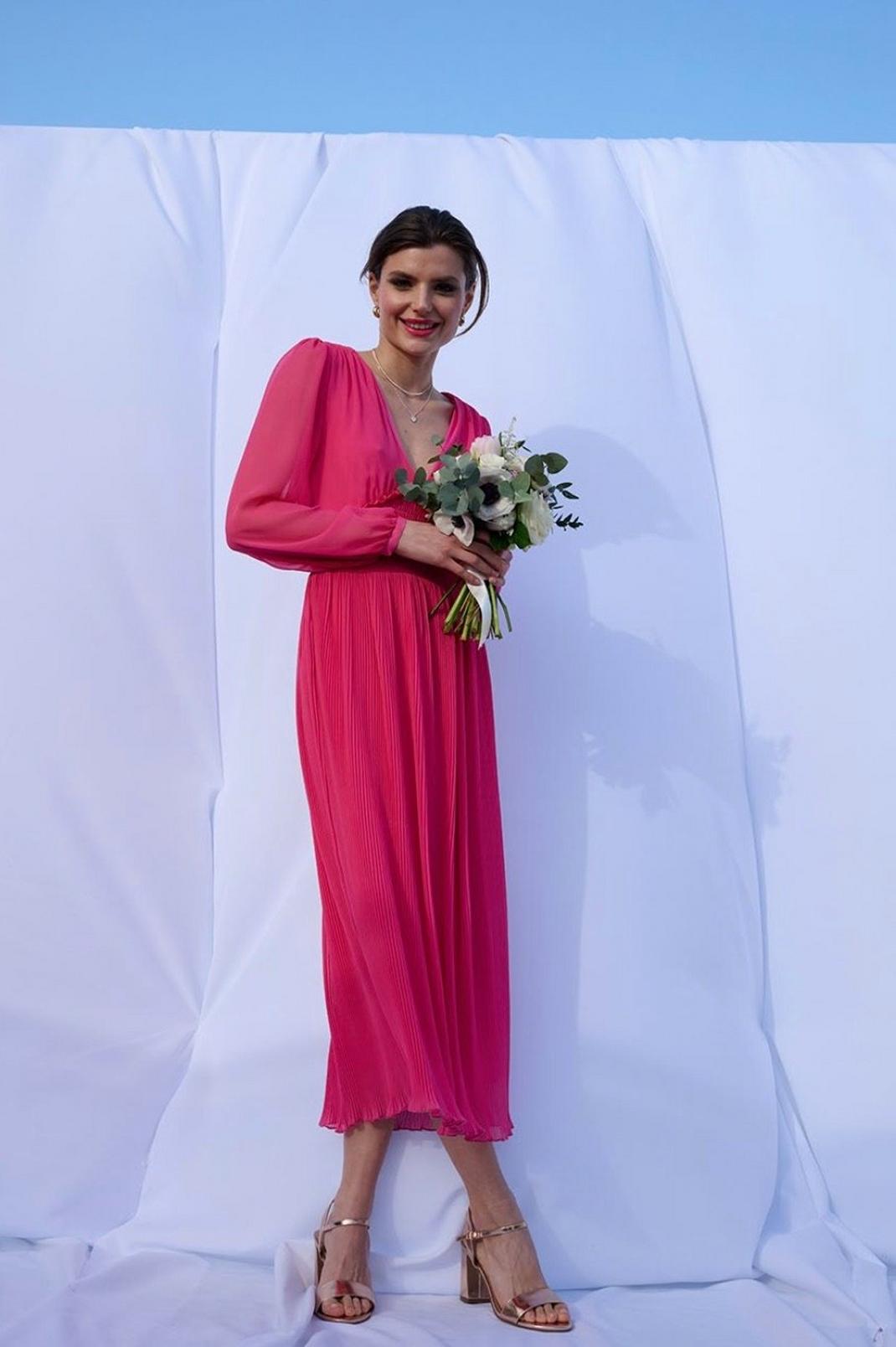 Pink Pleated Shirred Detail Maxi Dress image number 1