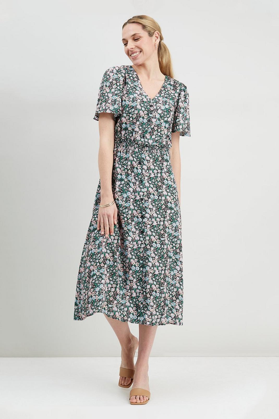 105 Ditsy Floral Shirred Button Through Midi Dress image number 1