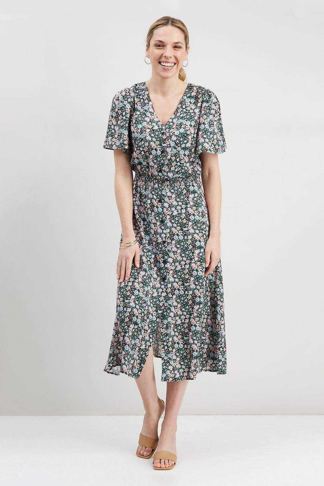 105 Ditsy Floral Shirred Button Through Midi Dress image number 2