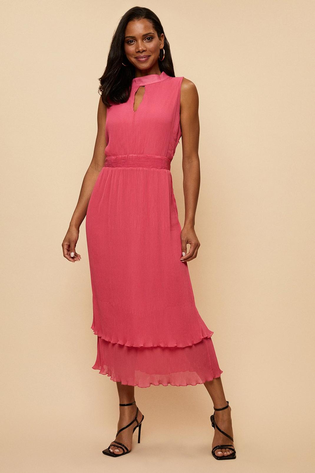 Pink Pleated Halter Neck Layer Dress image number 1