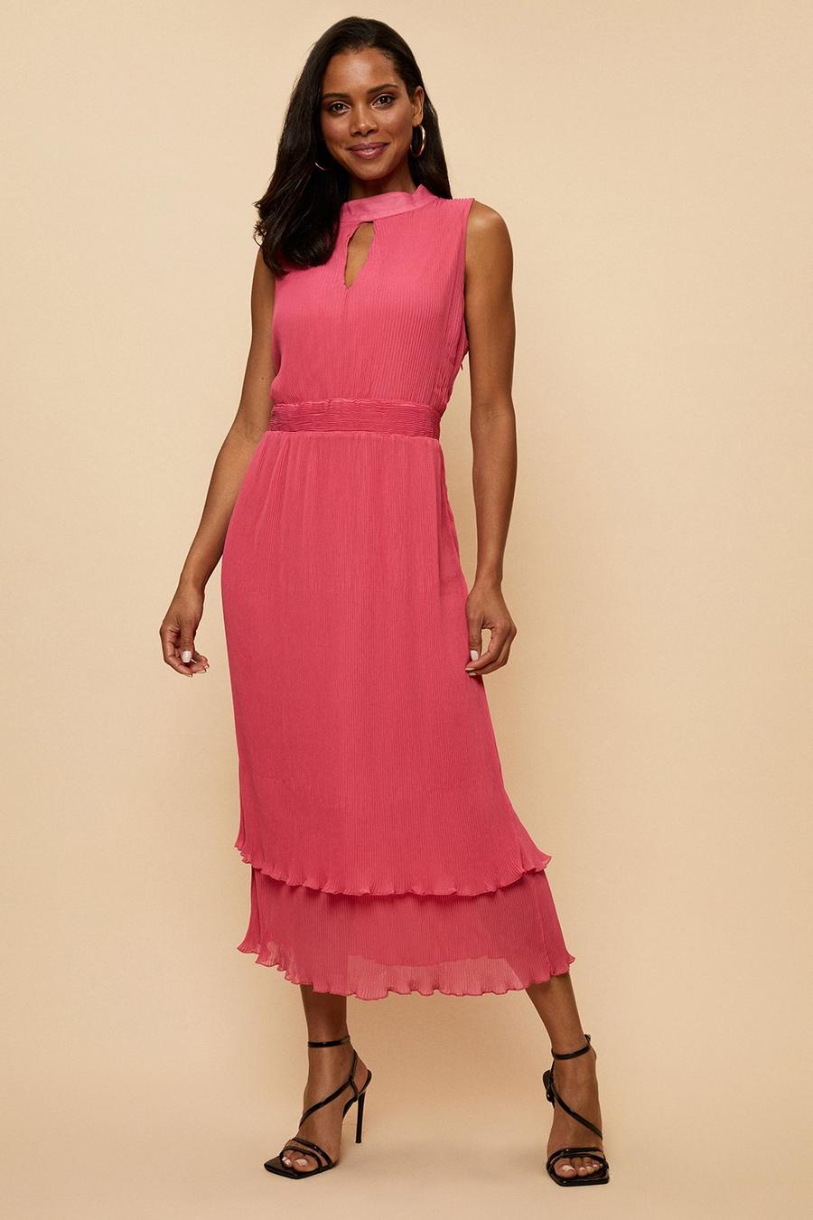 Pink Pleated Halter Neck Layer Dress