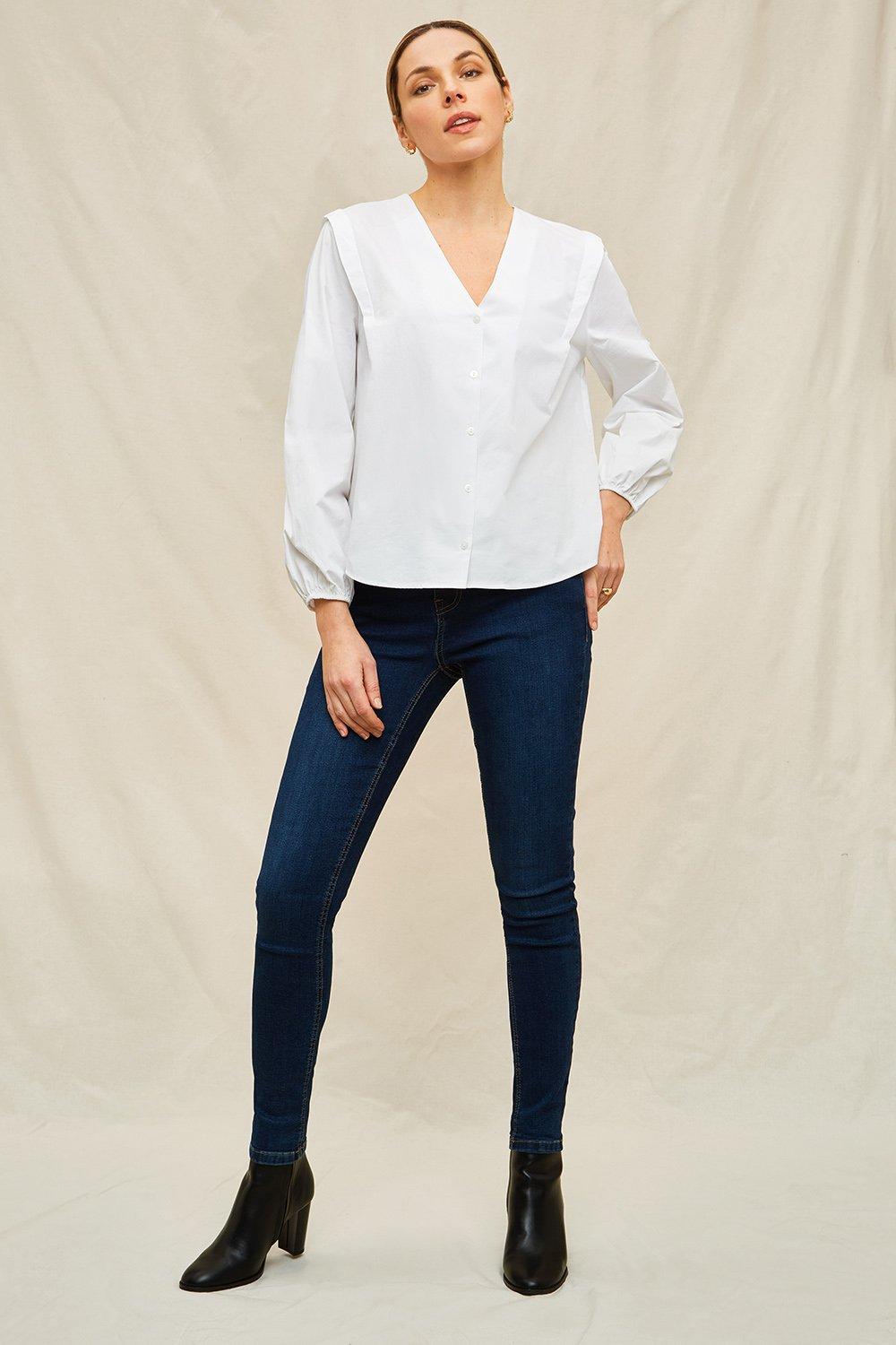 V Neck Cotton Poplin Tuck Shoulder Blouse