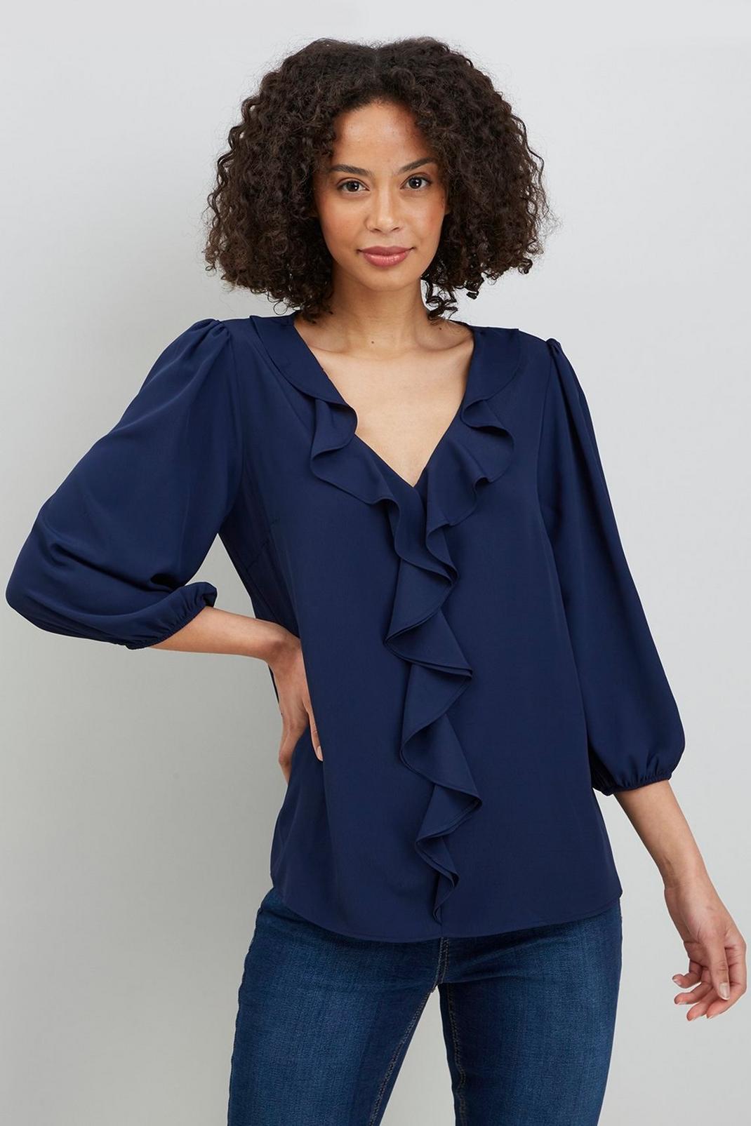 Ink Petite Plain Ruffle Front Long Sleeve Top image number 1