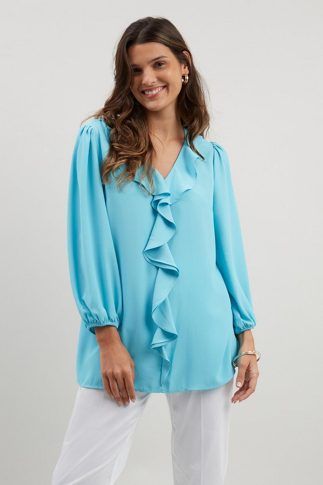 Blue Tall Plain Ruffle Front Long Sleeve Top image number 1