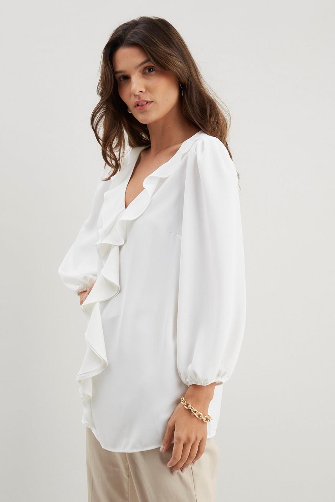 Ivory Tall Plain Ruffle Front Long Sleeve Top image number 1
