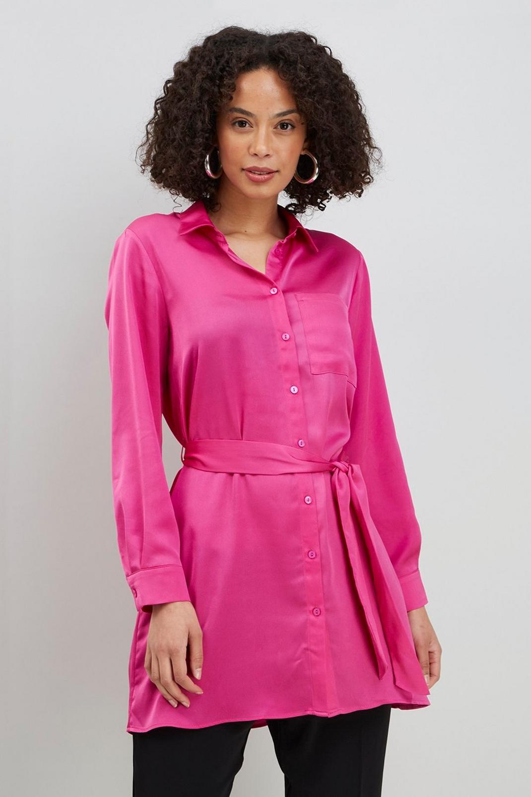 Pink Petite Plain Satin Tie Waist Shirt image number 1