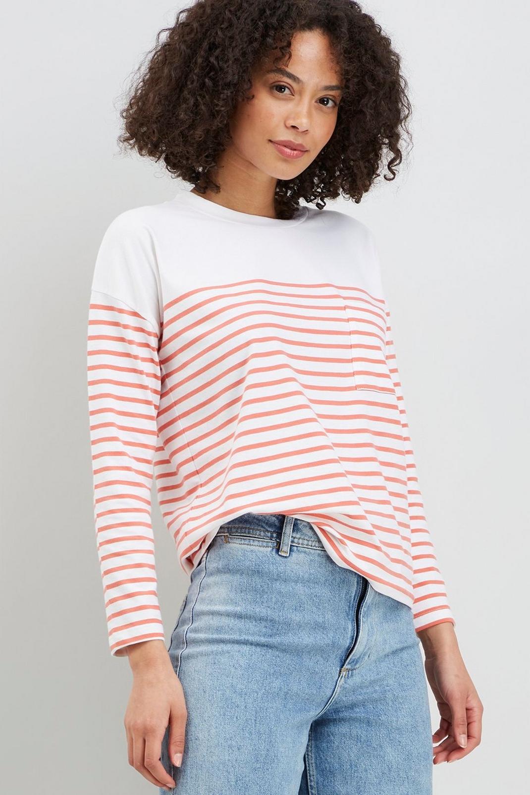 Coral Petite Stripe Pocket T-shirt image number 1