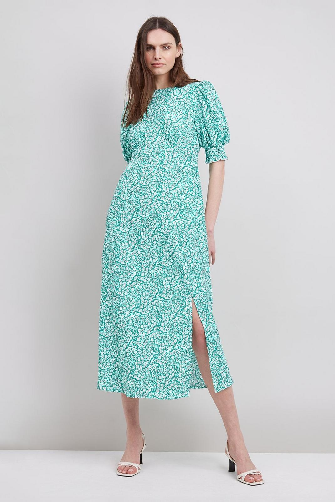Green Daisy Puff Sleeve Midi Dress image number 1