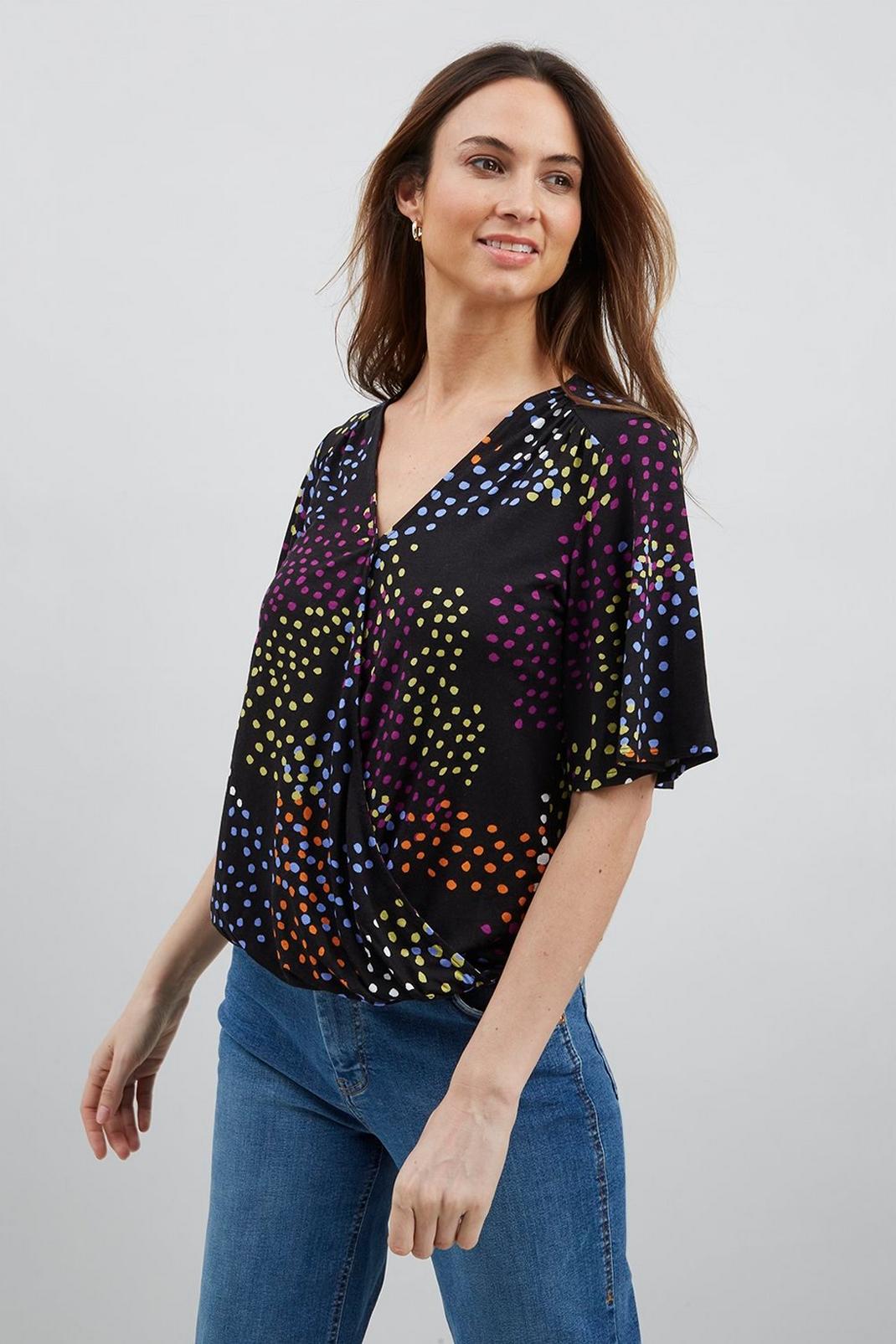 Black Multicolour Spot Angel Sleeve Jersey Wrap Top image number 1