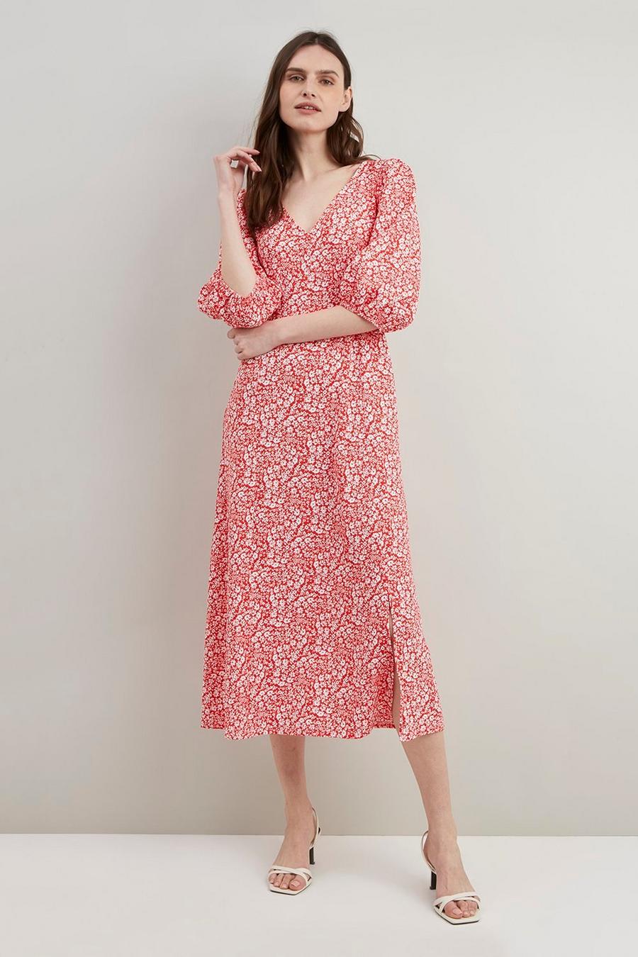 Red Ditsy Button Front Midi Dress