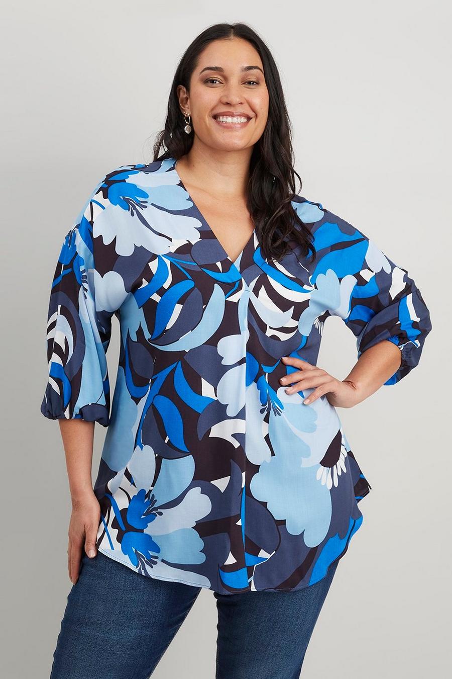 Curve Blue Floral Over The Head Shirt
