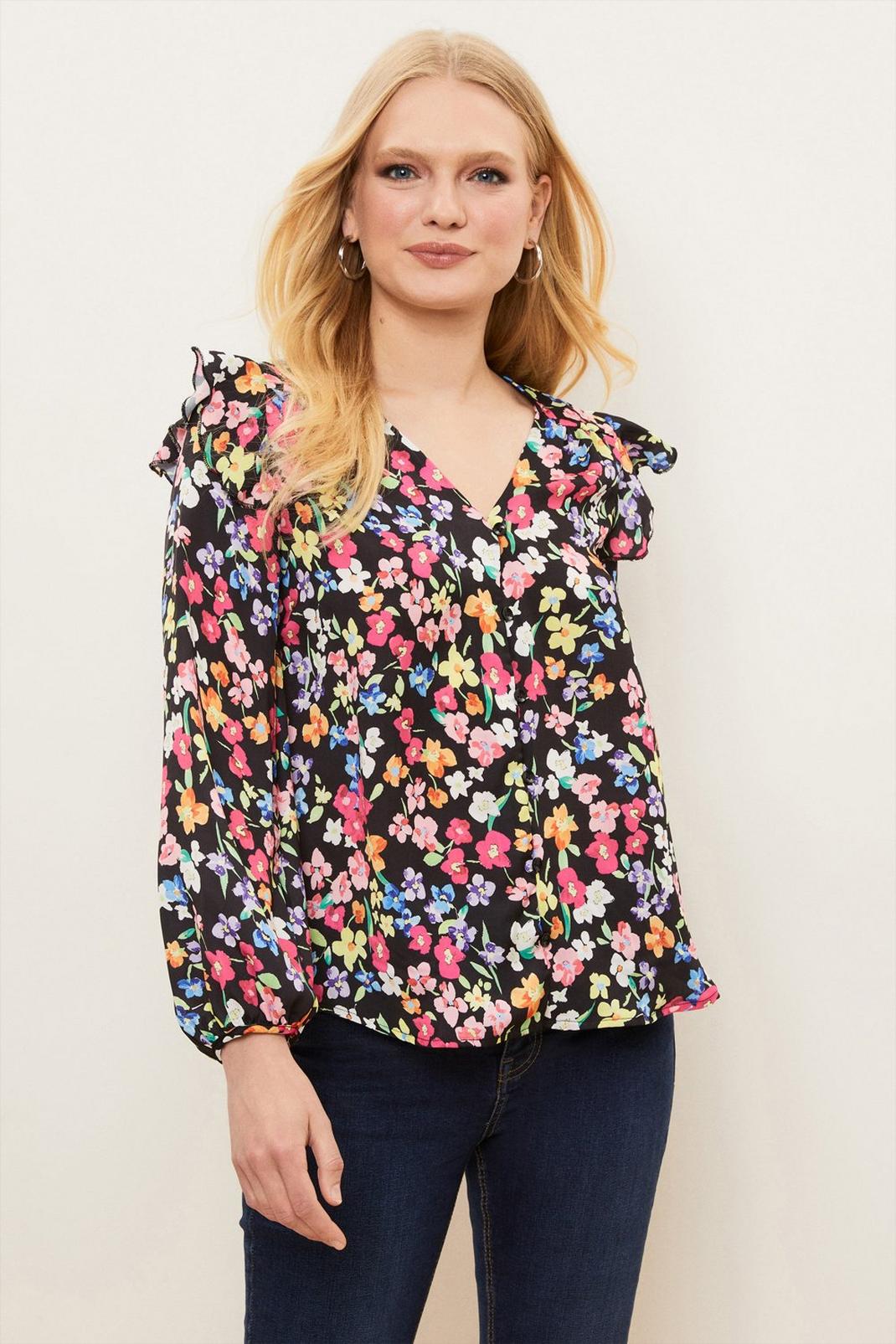 Multi Petite Ditsy Floral Button Through Ruffle Detail Top image number 1