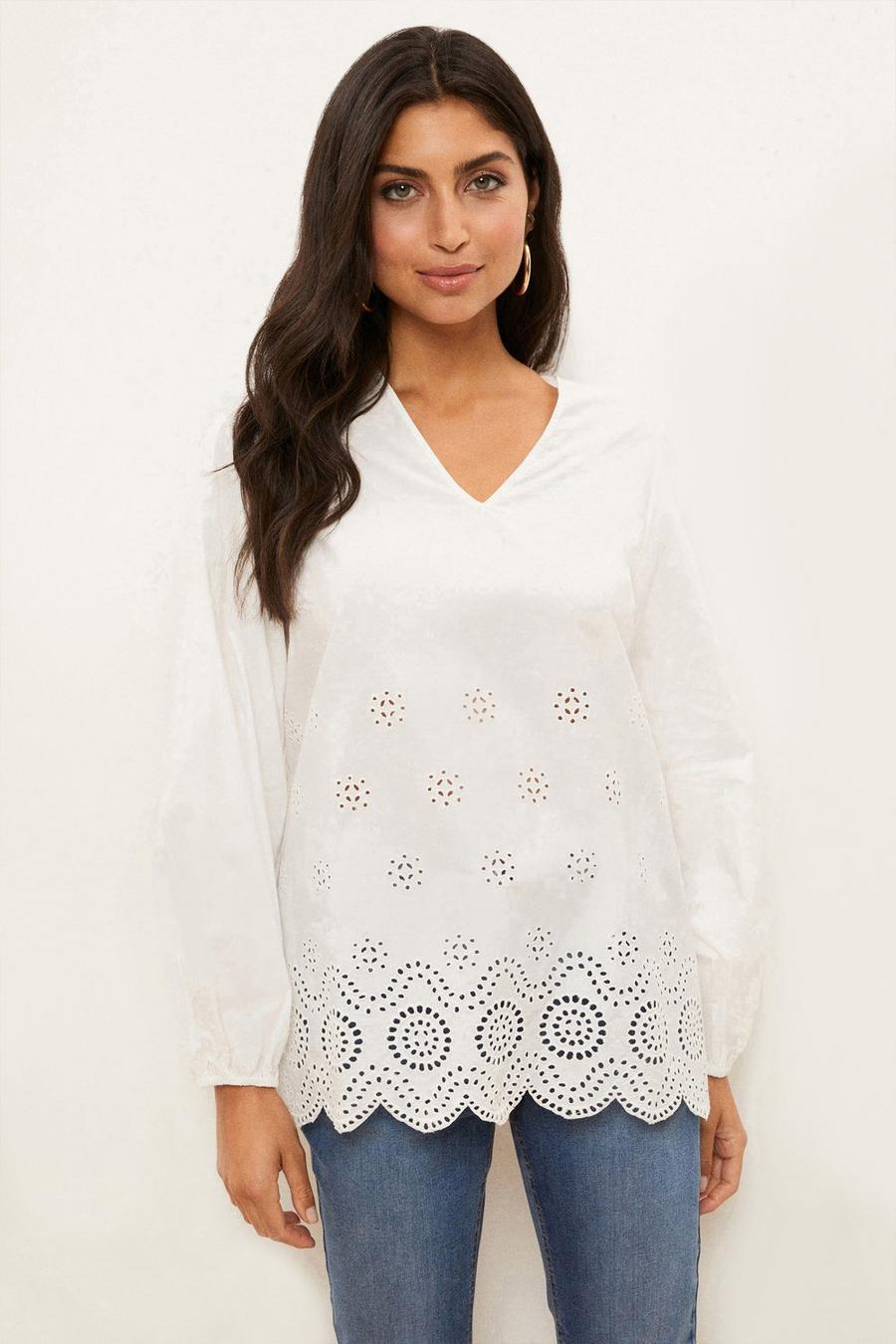 Ivory Embroidered Hem Long Sleeve Top