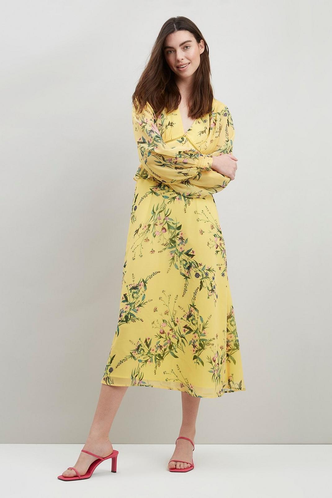 Yellow Floral Lace Insert Midi Dress image number 1