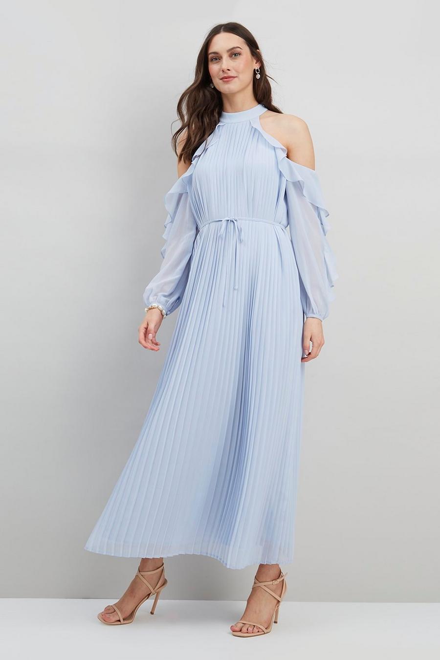 Cold Shoulder Ruffle Pleated Maxi Dress