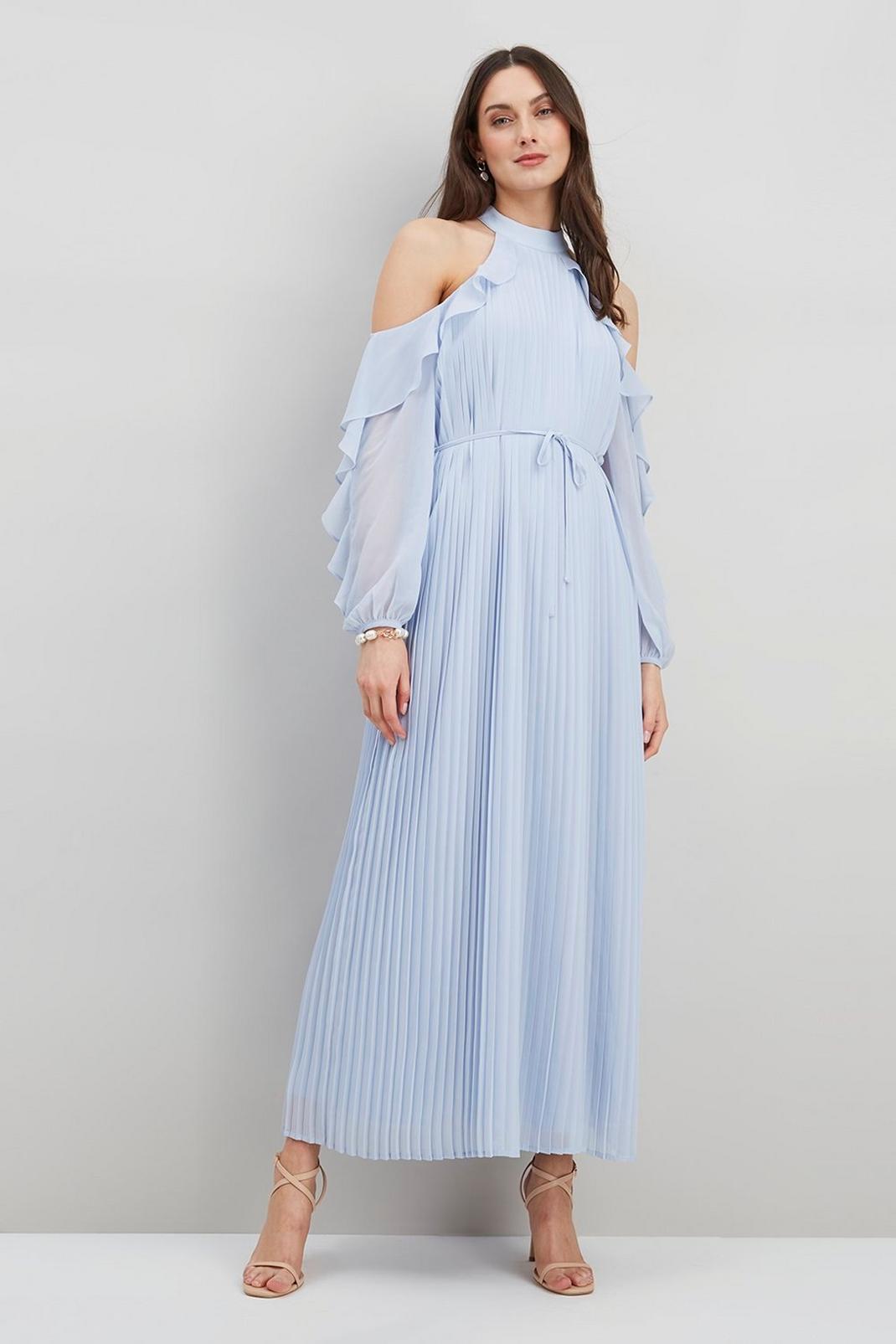 373 Cold Shoulder Ruffle Pleated Maxi Dress image number 2