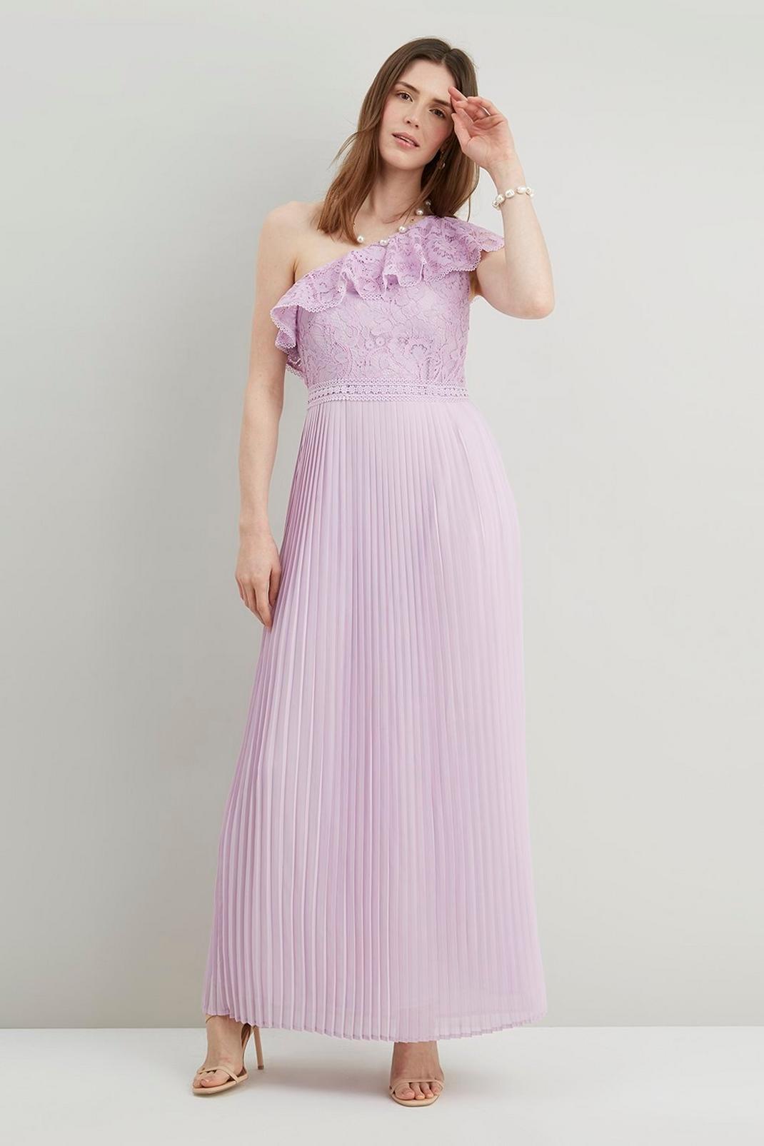 Lavender One Shoulder Lace Pleated Maxi Dress image number 1