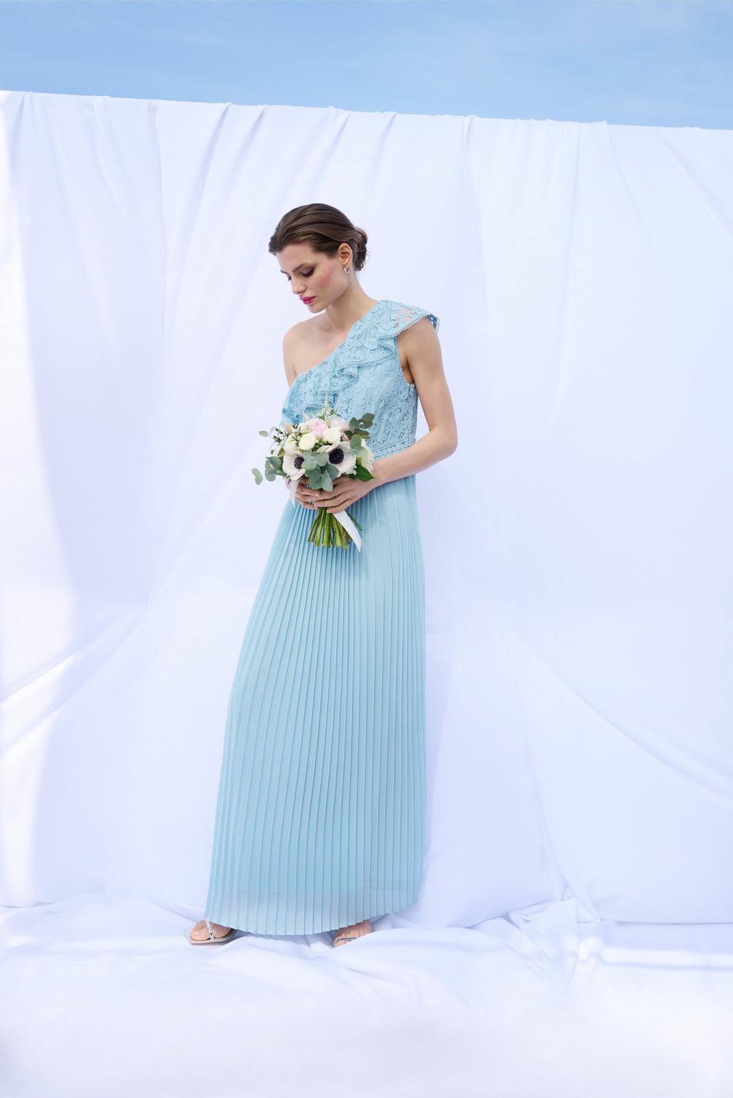 Pale blue One Shoulder Lace Pleated Maxi Dress image number 1