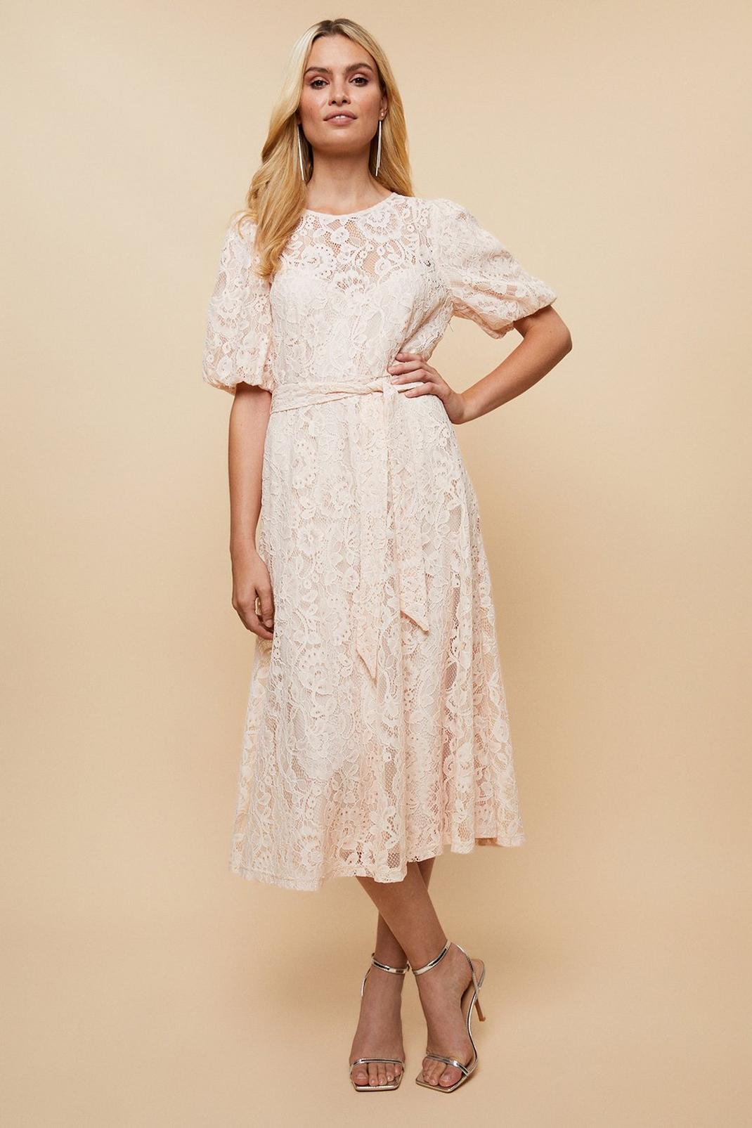 Blush Lace Puff Sleeve Belted Dress image number 1