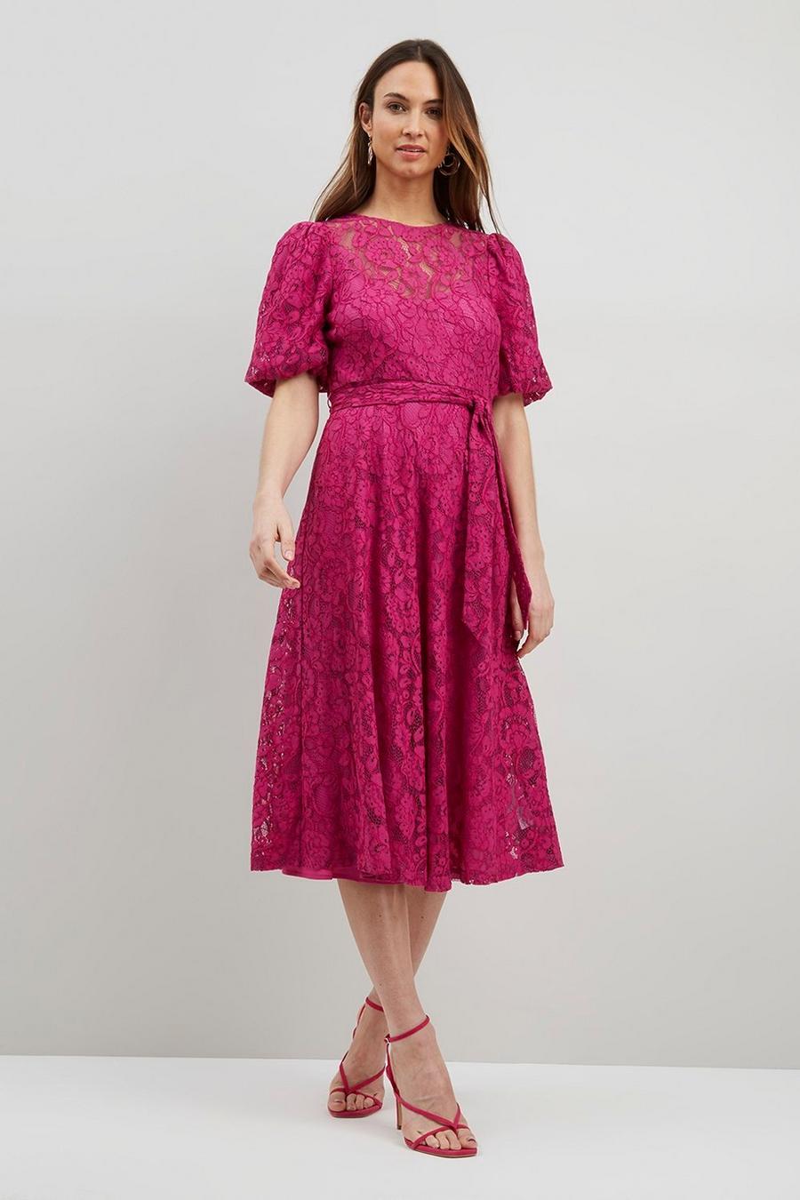 Lace Puff Sleeve Belted Dress