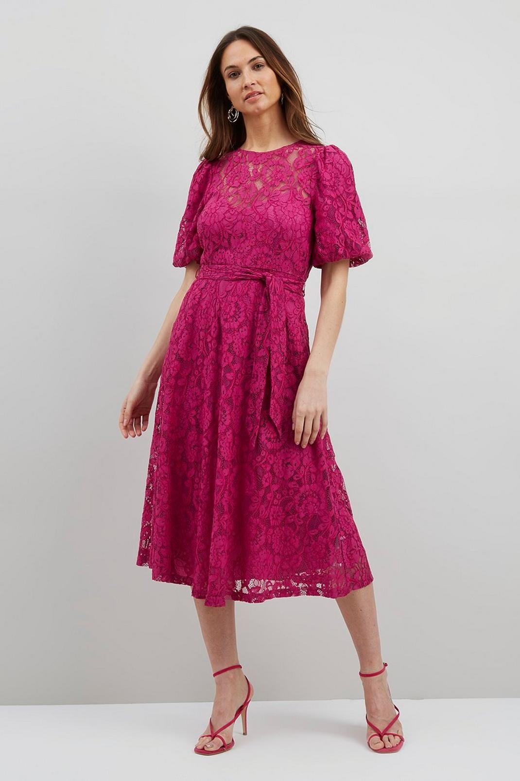 500 Lace Puff Sleeve Belted Dress image number 2