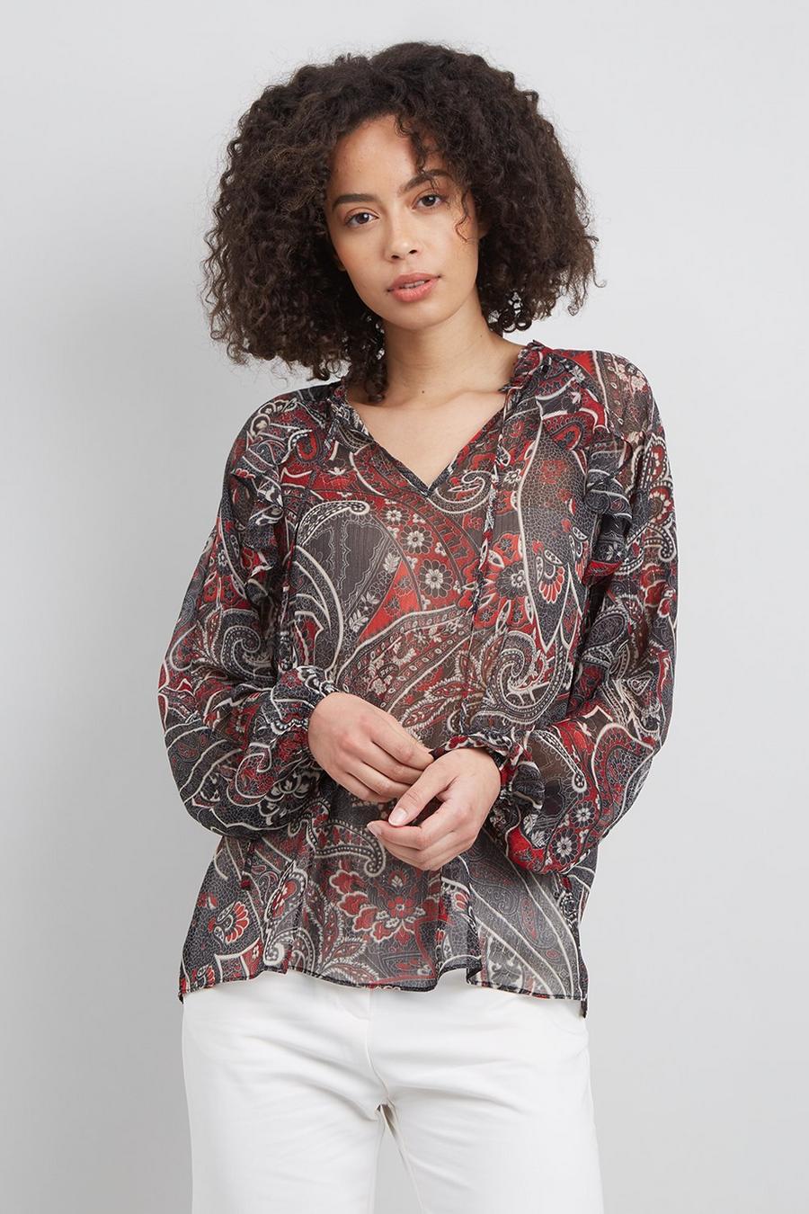Red Paisley Tie Neck Ruffle Top