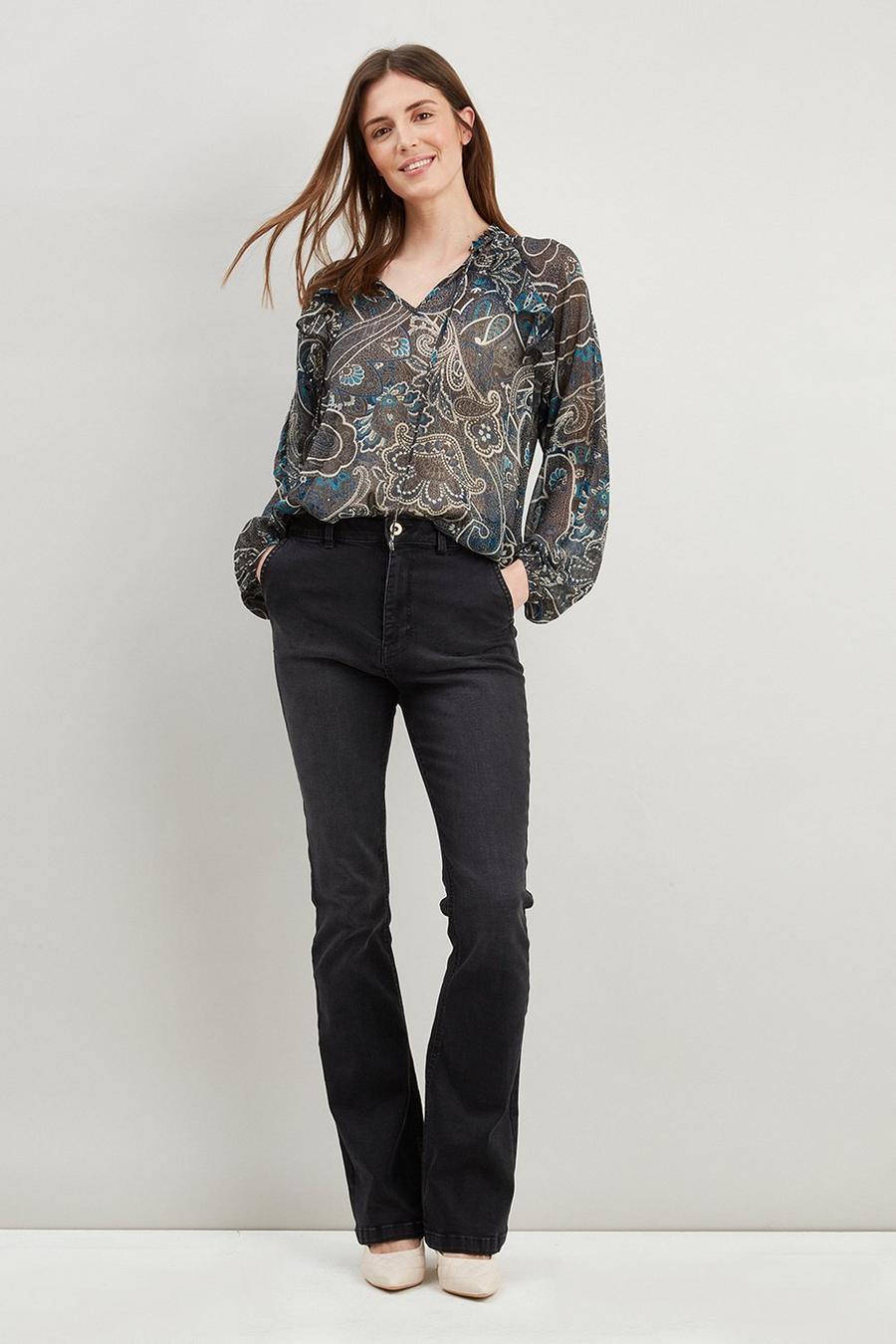 Teal Paisley Tie Neck Ruffle Top