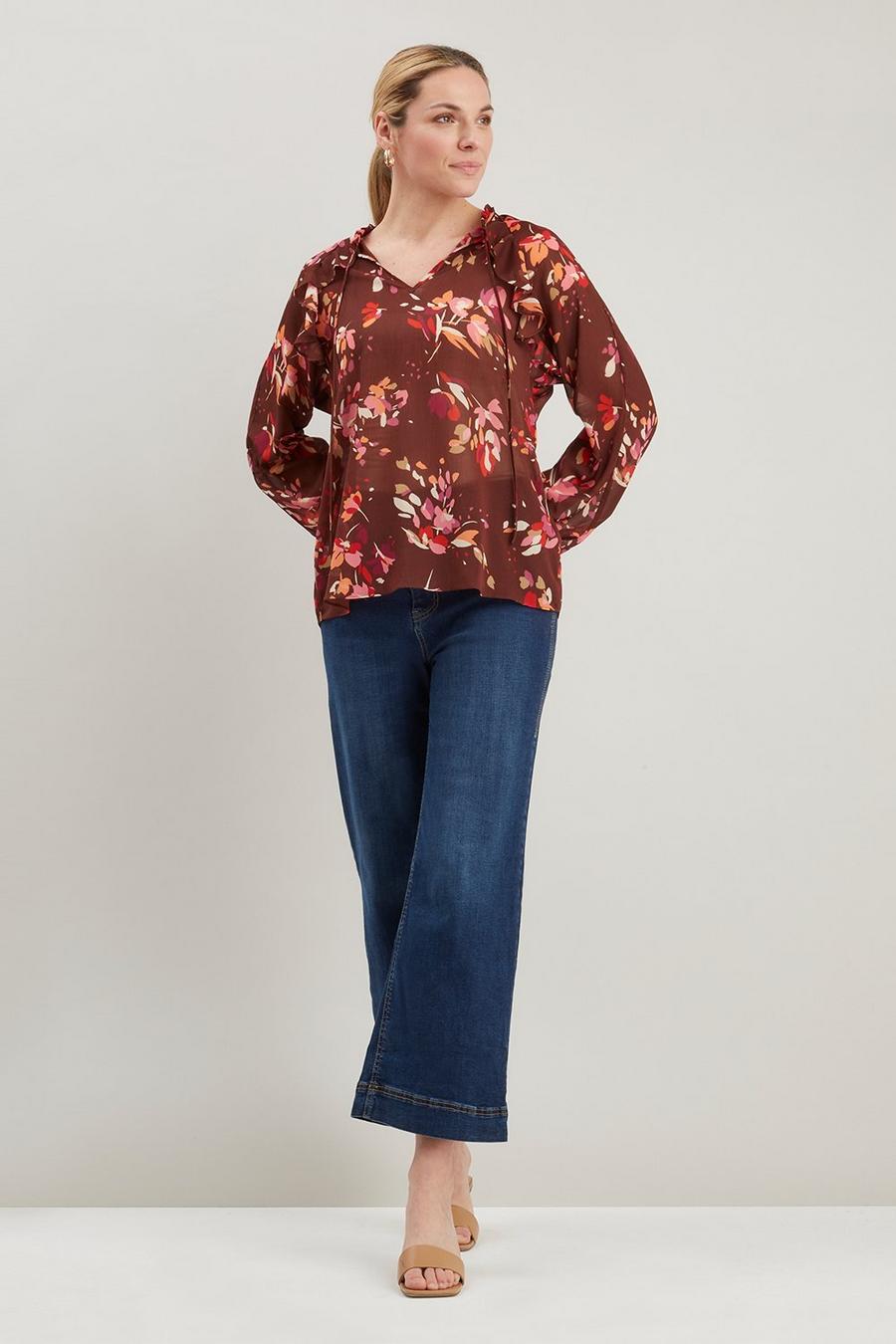 Brown Floral Ruffle Tie Neck Top