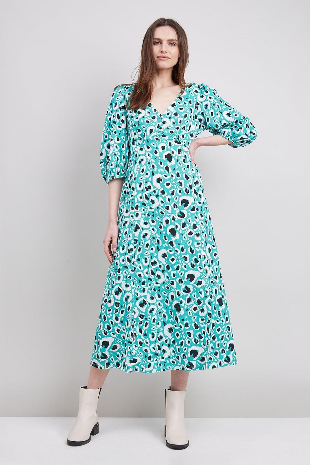 130 Green Animal Button Front Jersey Midi Dress image number 1