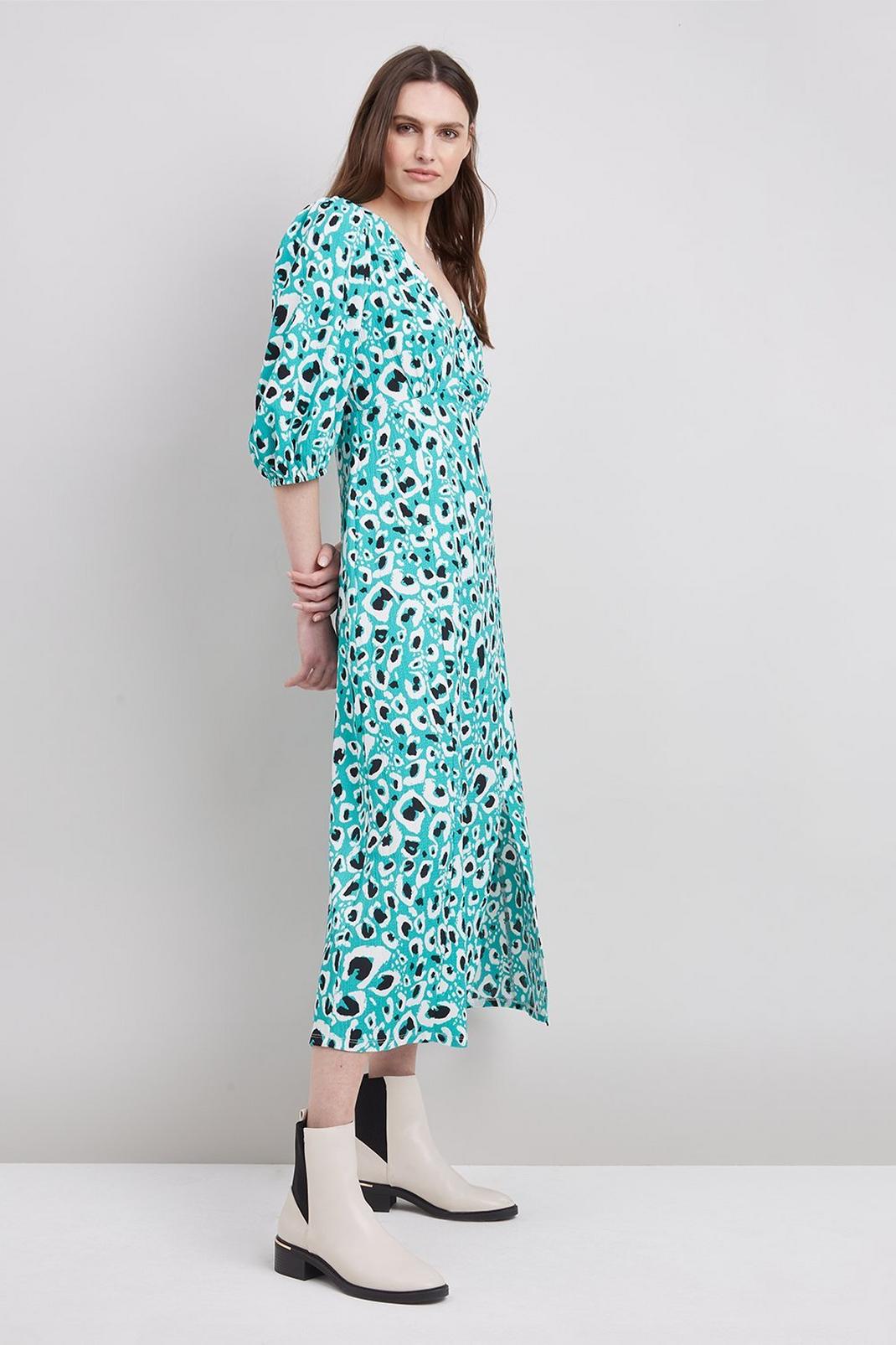 130 Green Animal Button Front Jersey Midi Dress image number 2