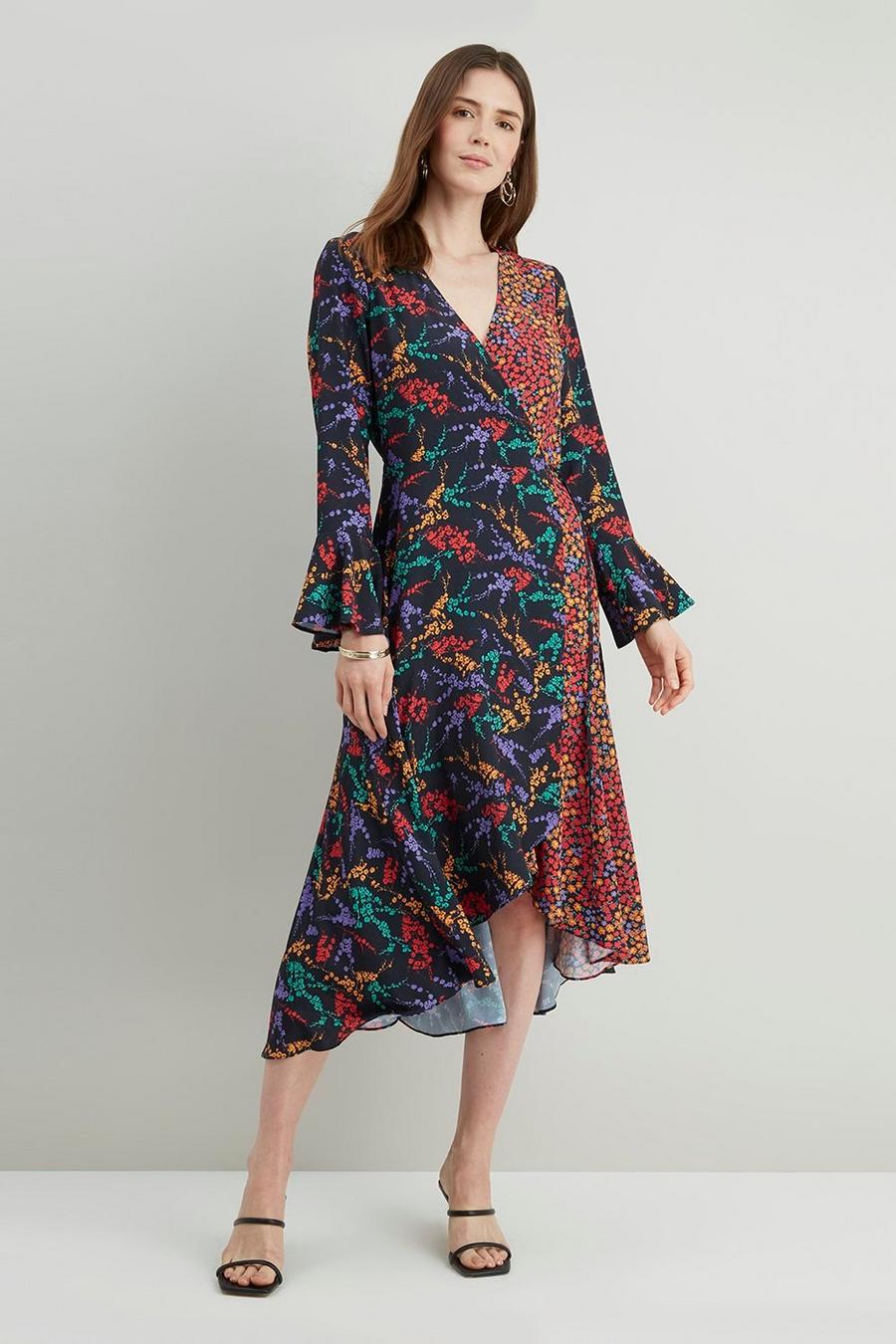 Mix And Match Floral Flute Sleeve Wrap Dress