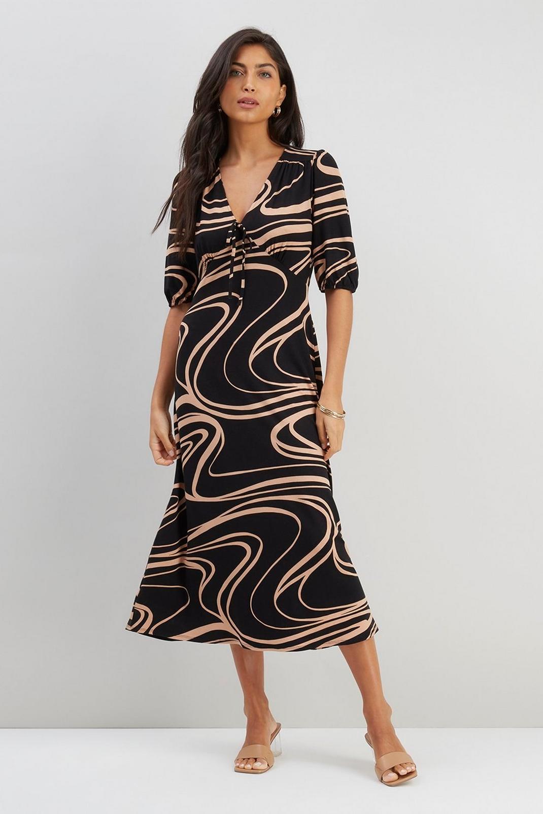 Black Swirl Jersey V Neck Midi Dress image number 1