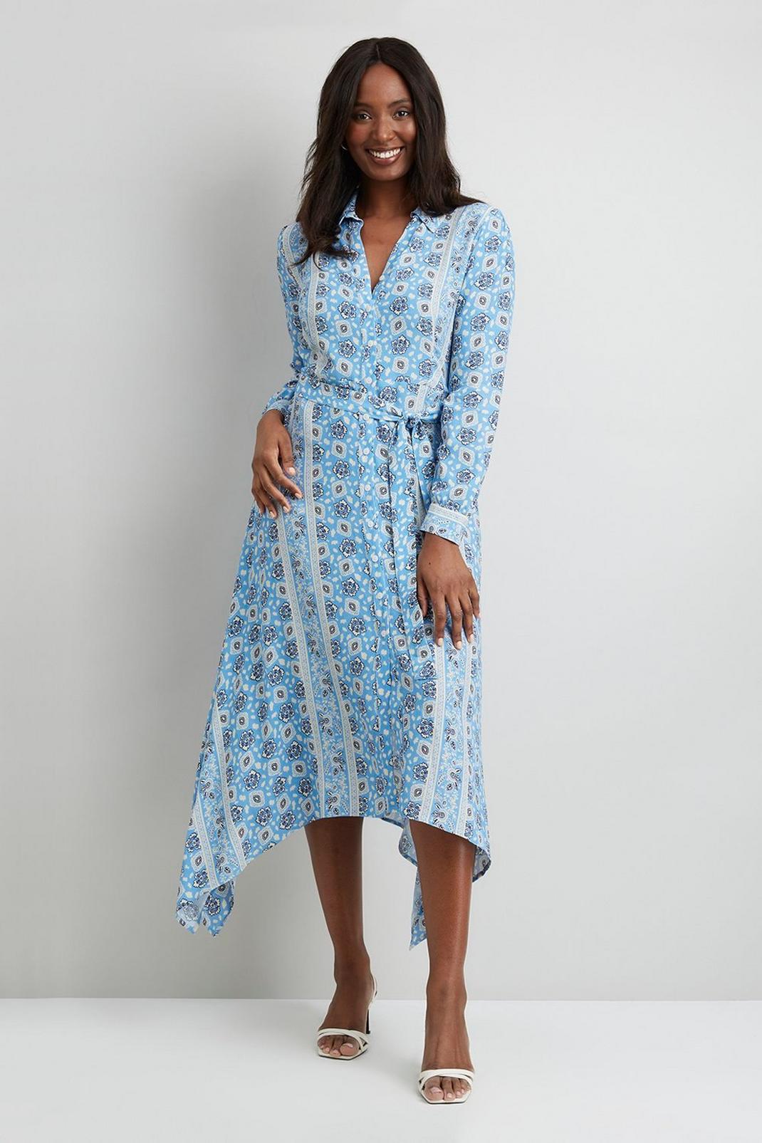 Blue Abstract Floral Tie Shirt Dress image number 1