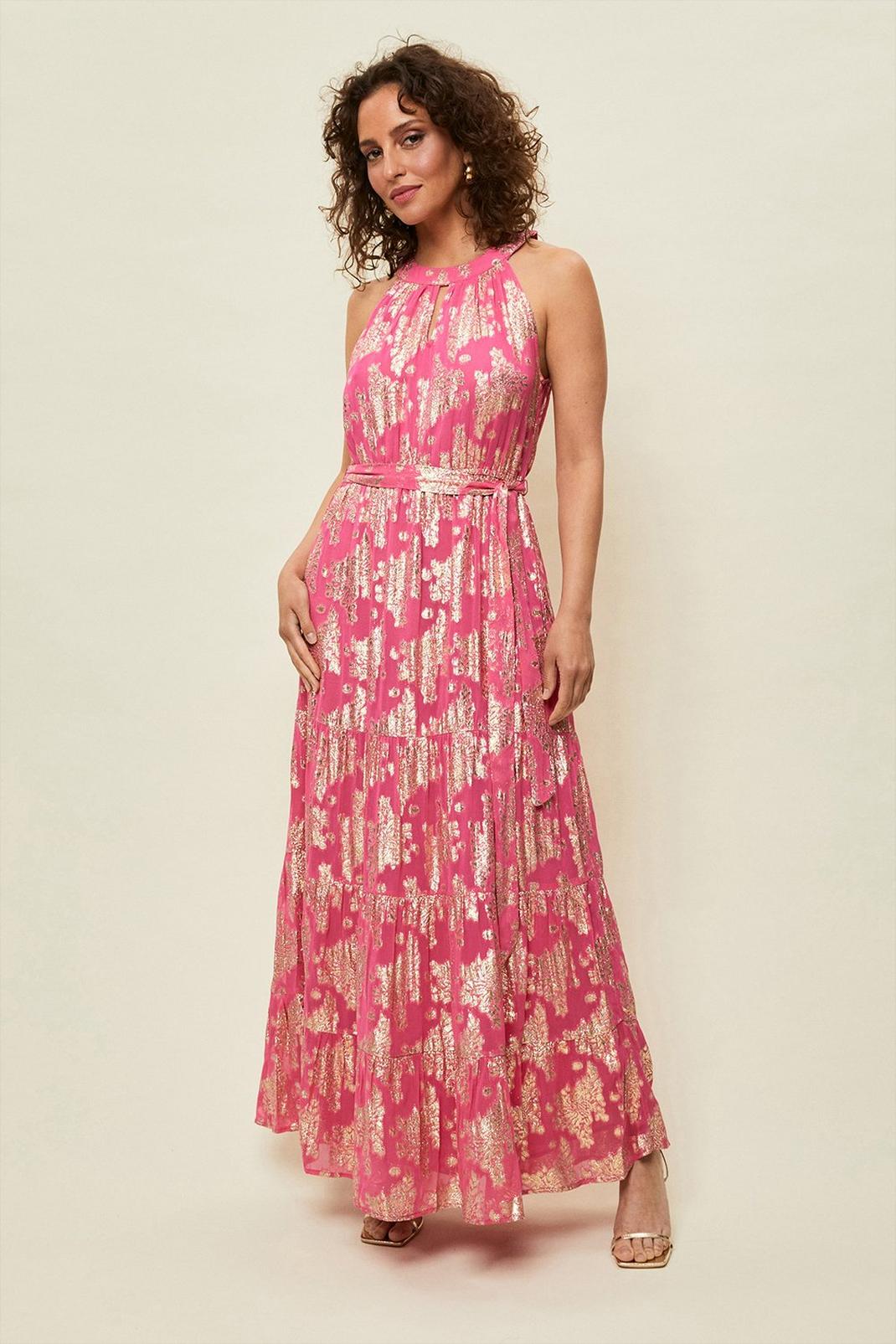 Pink Metallic Jacquard Halter Maxi Dress image number 1
