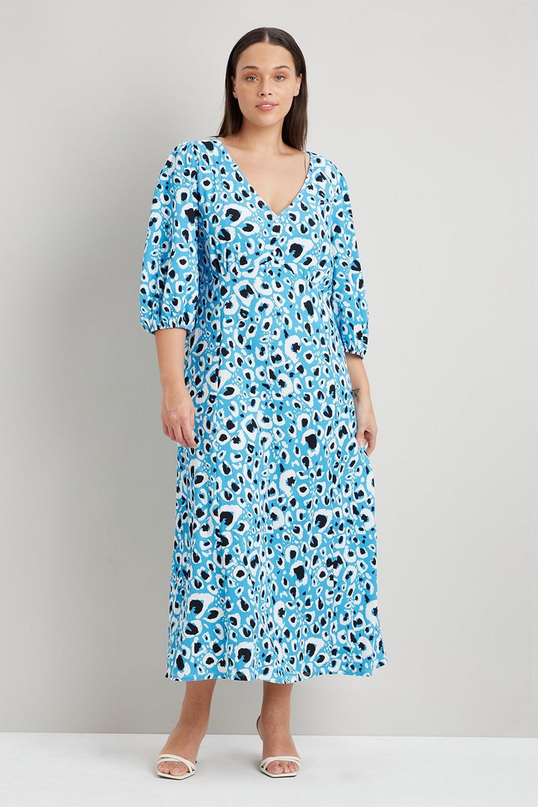 Curve Blue Animal Jersey Button Front Midi Dress image number 1