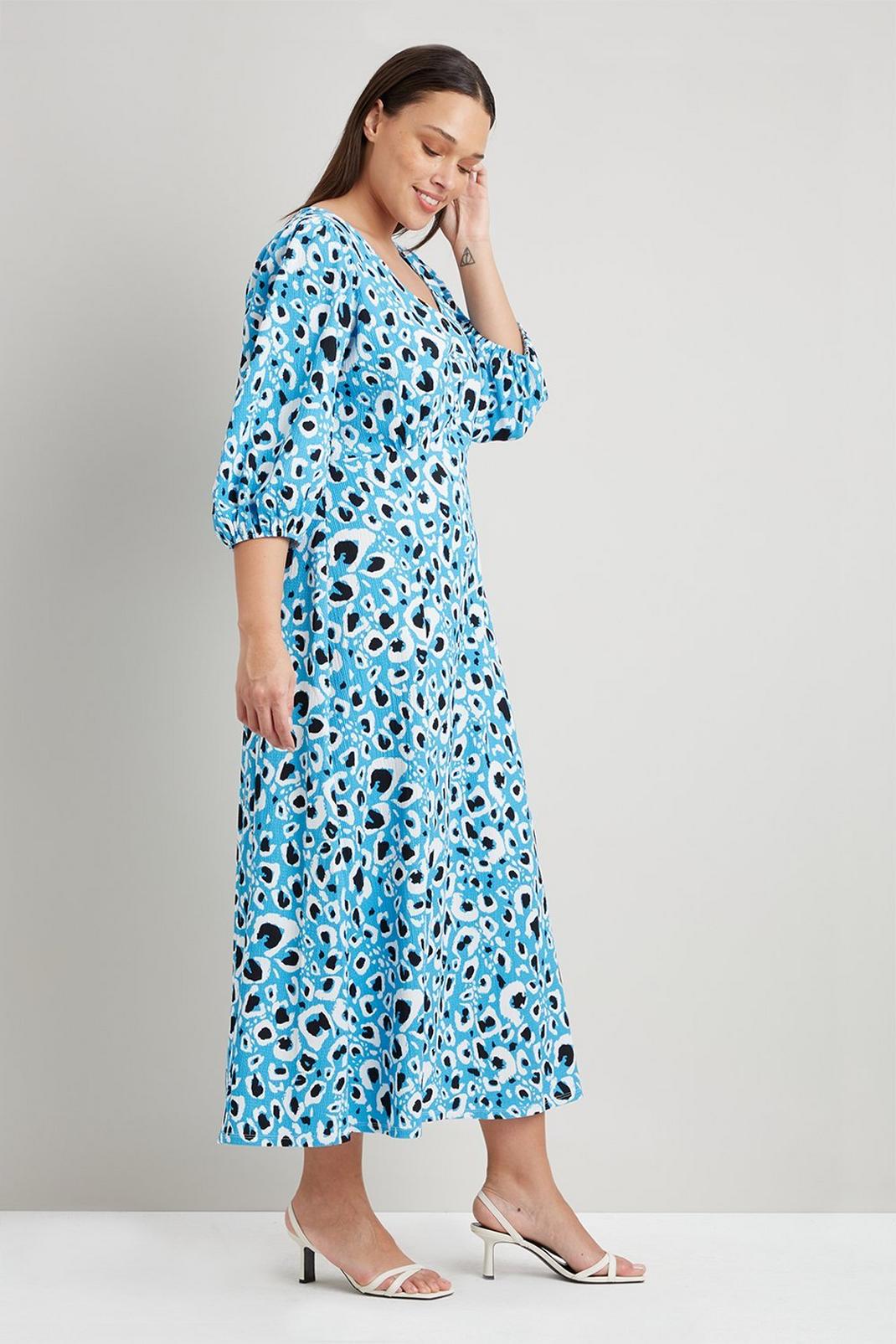 106 Curve Blue Animal Jersey Button Front Midi Dress image number 2