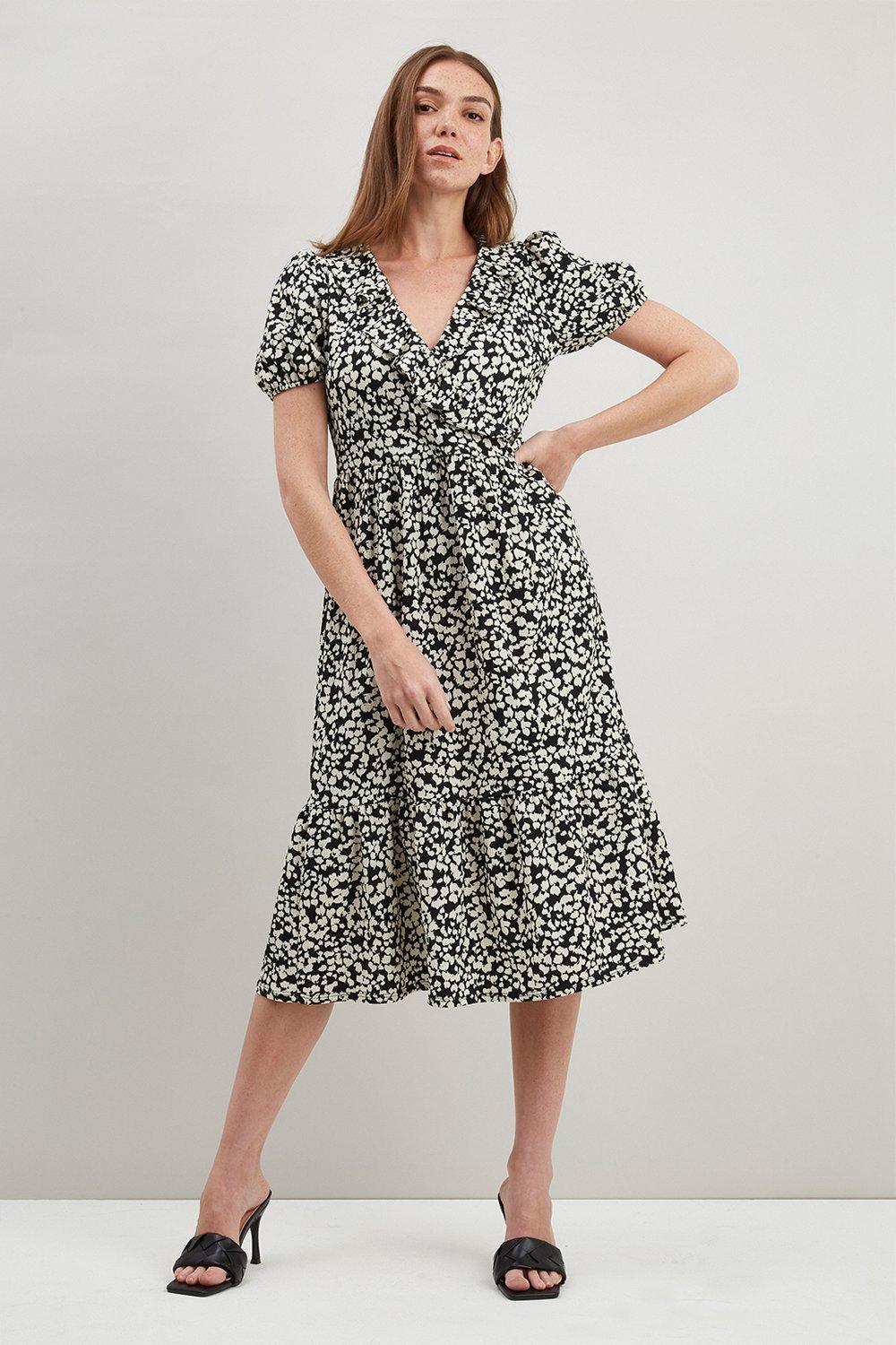 Petite polka dot ruffle wrap tea dress sale