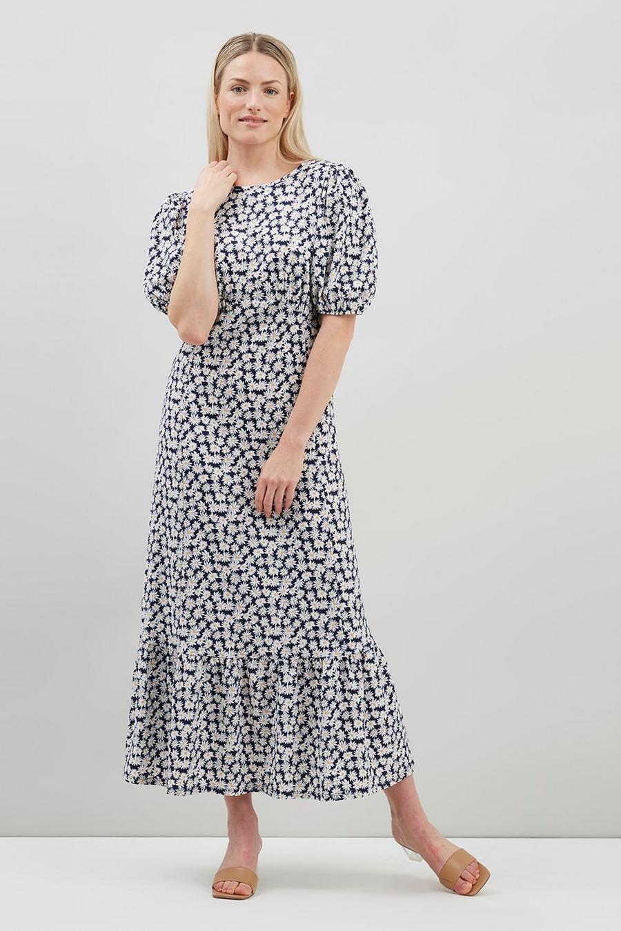 Tall Navy Daisy Puff Sleeve Tiered Midi Dress