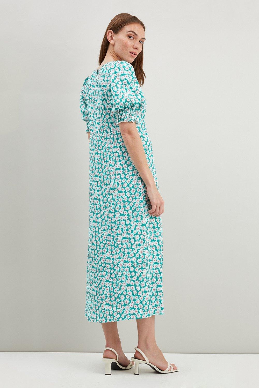 Petite Green Daisy Jersey Puff Sleeve Midi Dress | Wallis EU