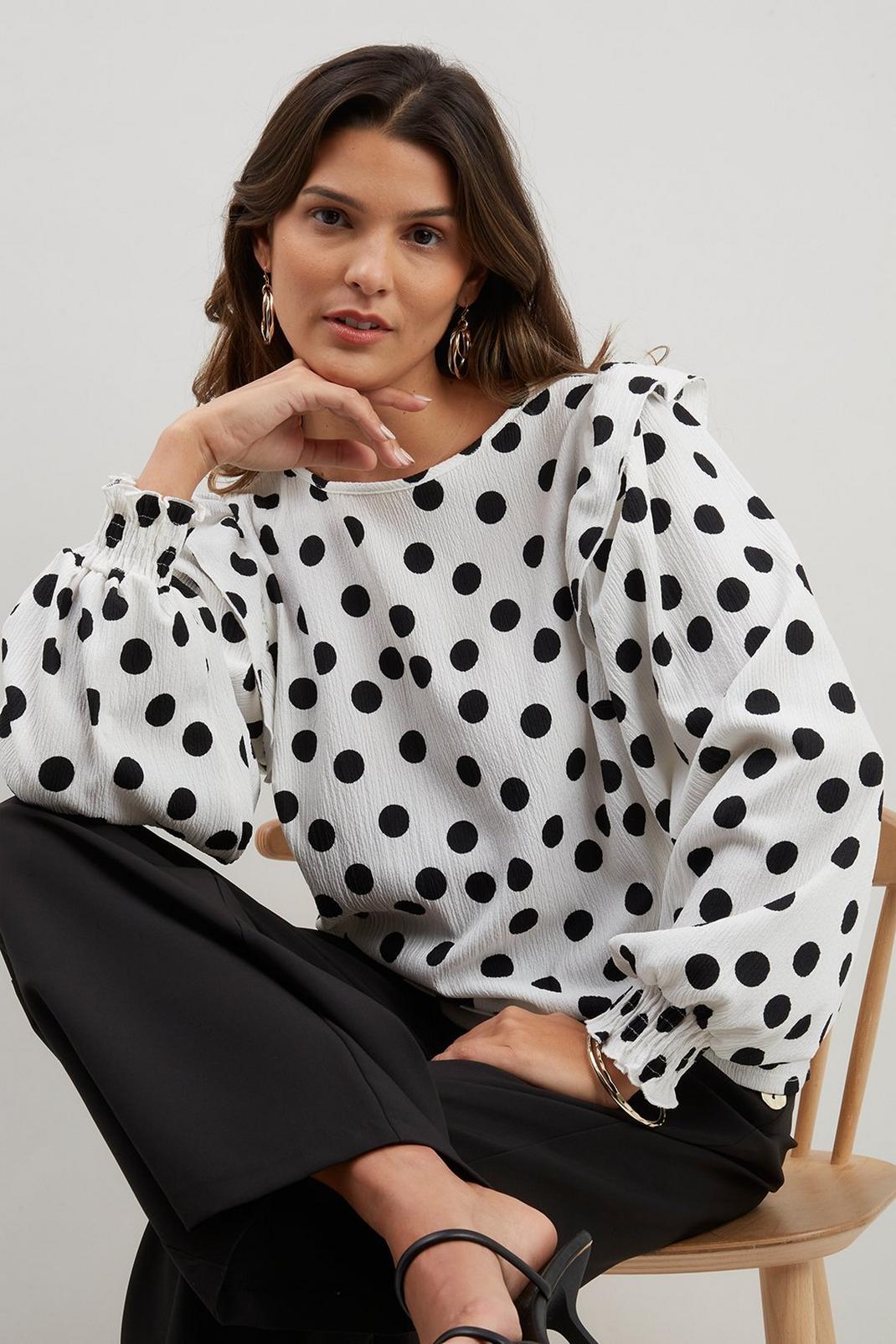 Ivory Black Spot Shirred Cuff Jersey Top image number 1