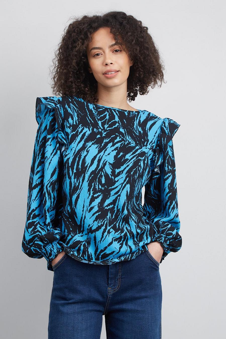 Blue Zebra Long Sleeve Shirred Cuff Top