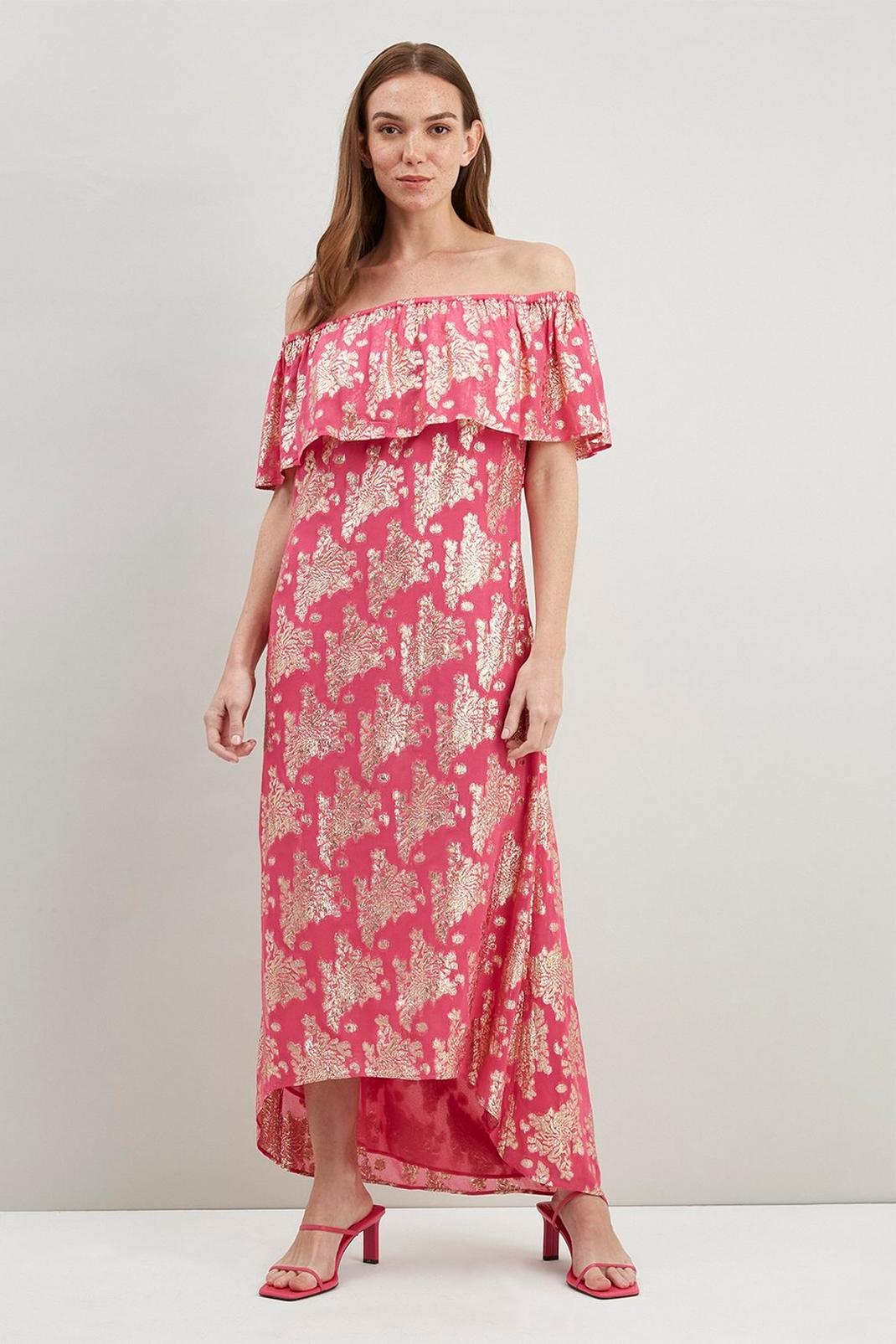 Pink Petite Metallic Jacquard Bardot Dress image number 1