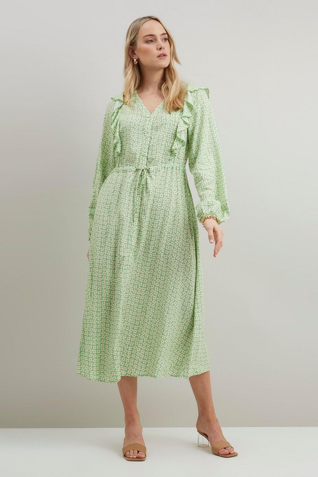 Green Daisy Ruffle Button Through Midi Dress image number 1