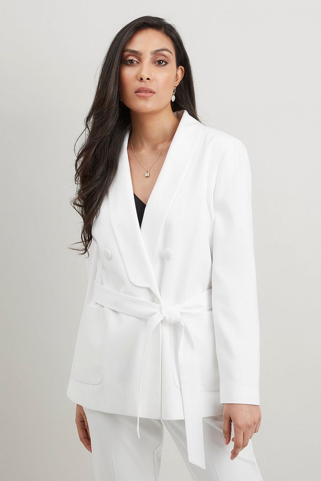 Ivory Petite Belted Double Breasted Suit Blazer  image number 1