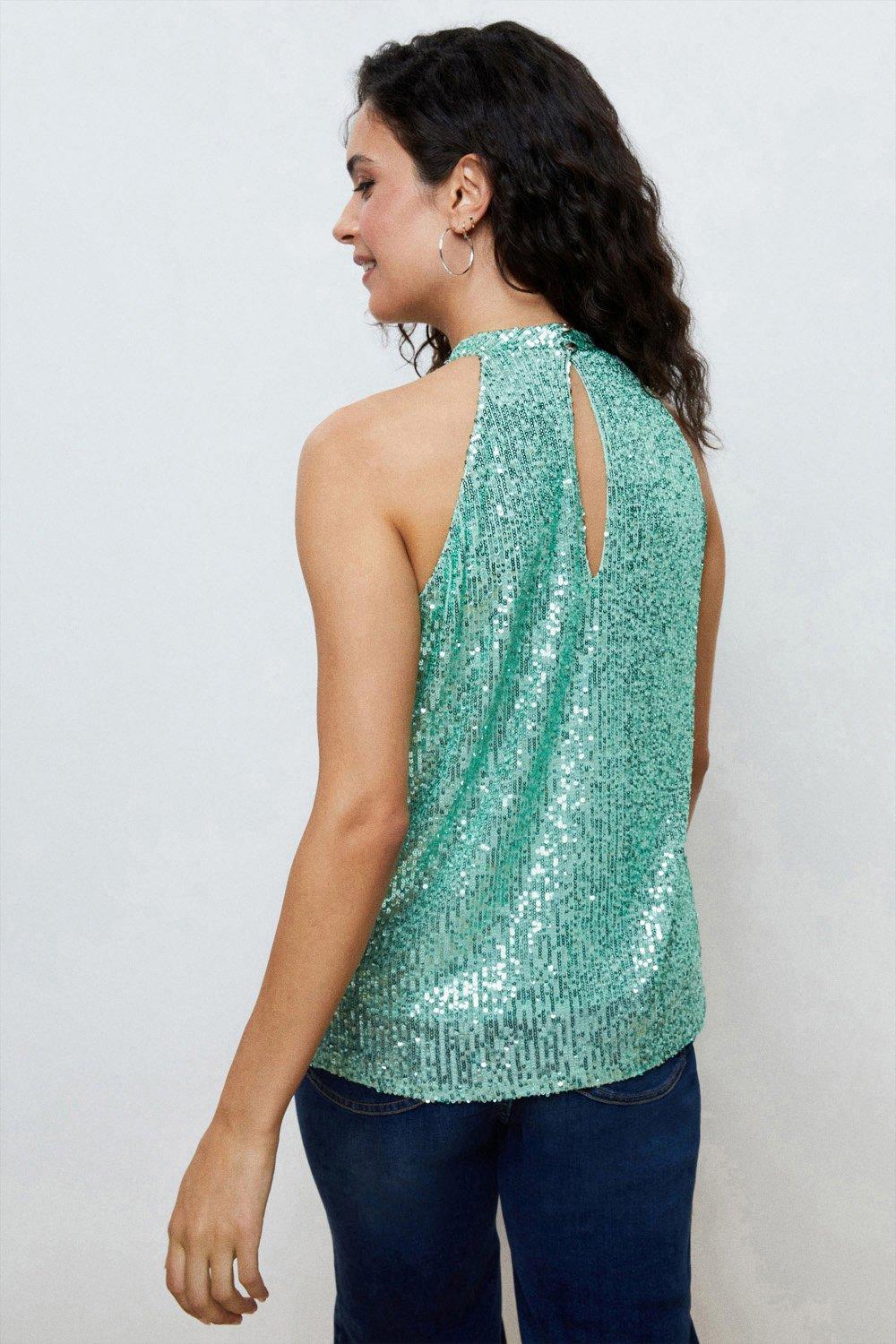 Wallis green sequin store top