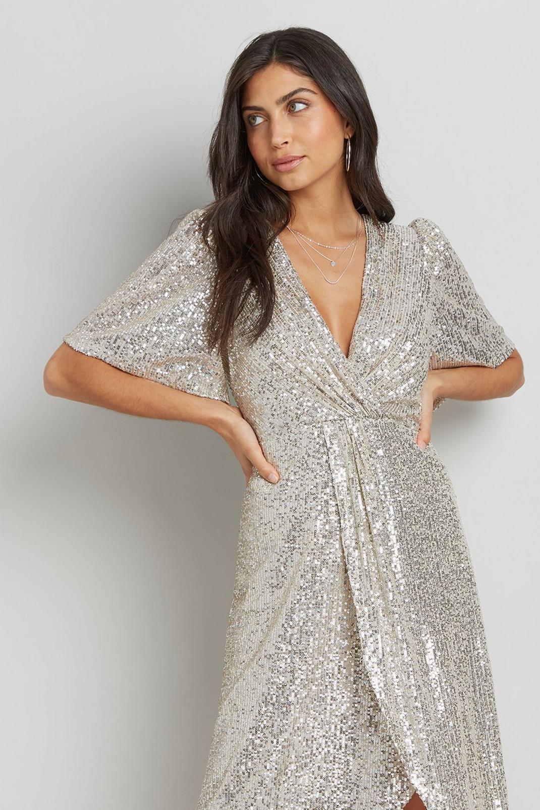 Champagne Sequin Twist Wrap Dress image number 1