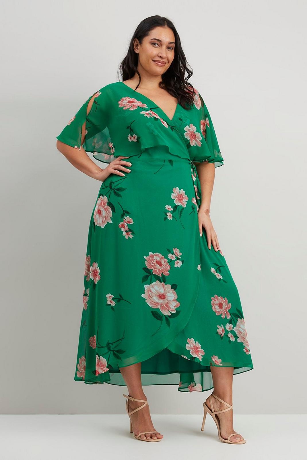 Curve Green Floral Chiffon Wrap Dress image number 1