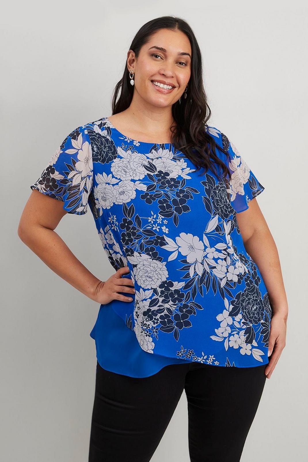 Curve Blue Floral Chiffon Top image number 1