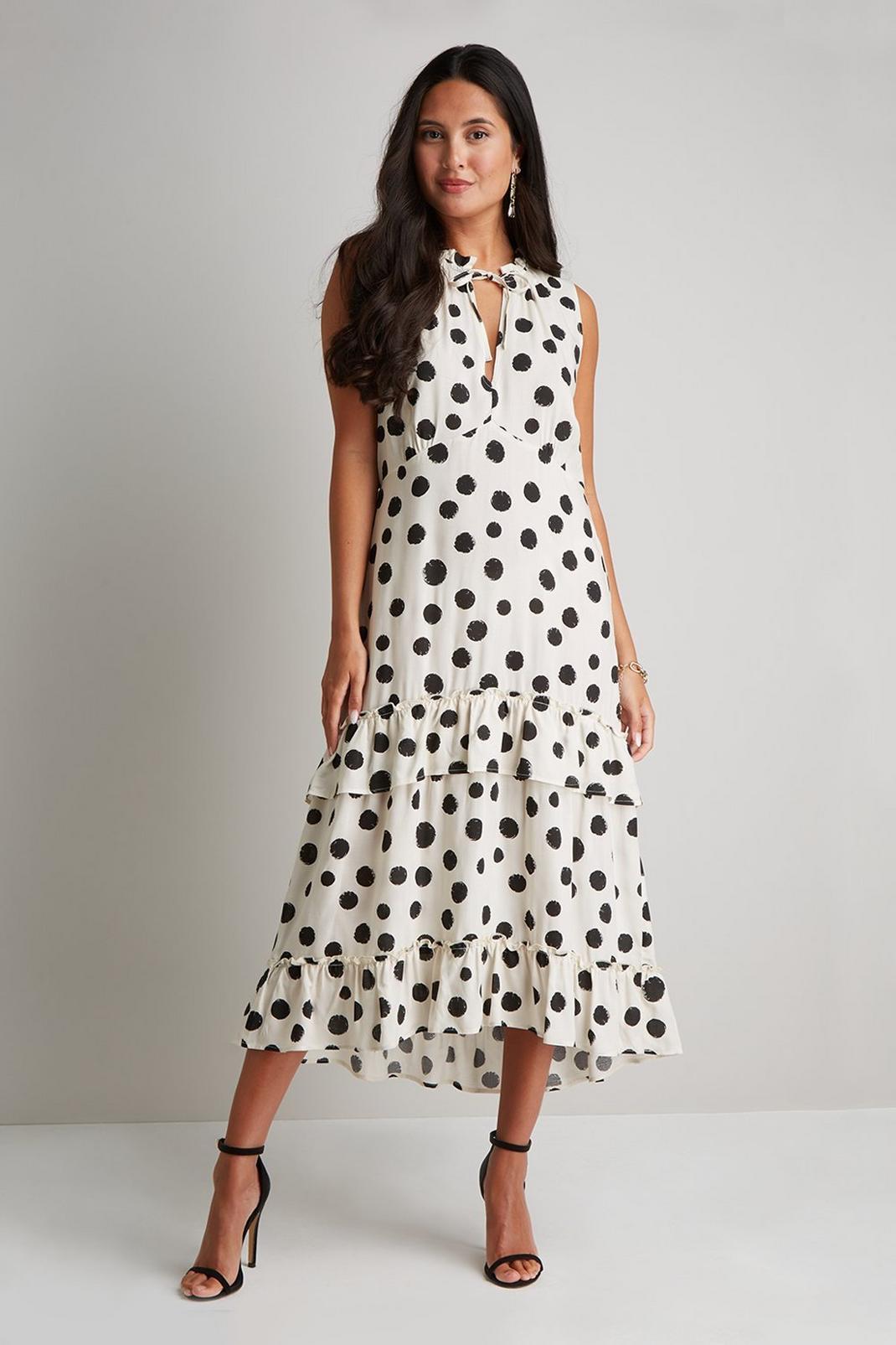 White Petite Spot Tiered Printed Sleeveless Dress image number 1